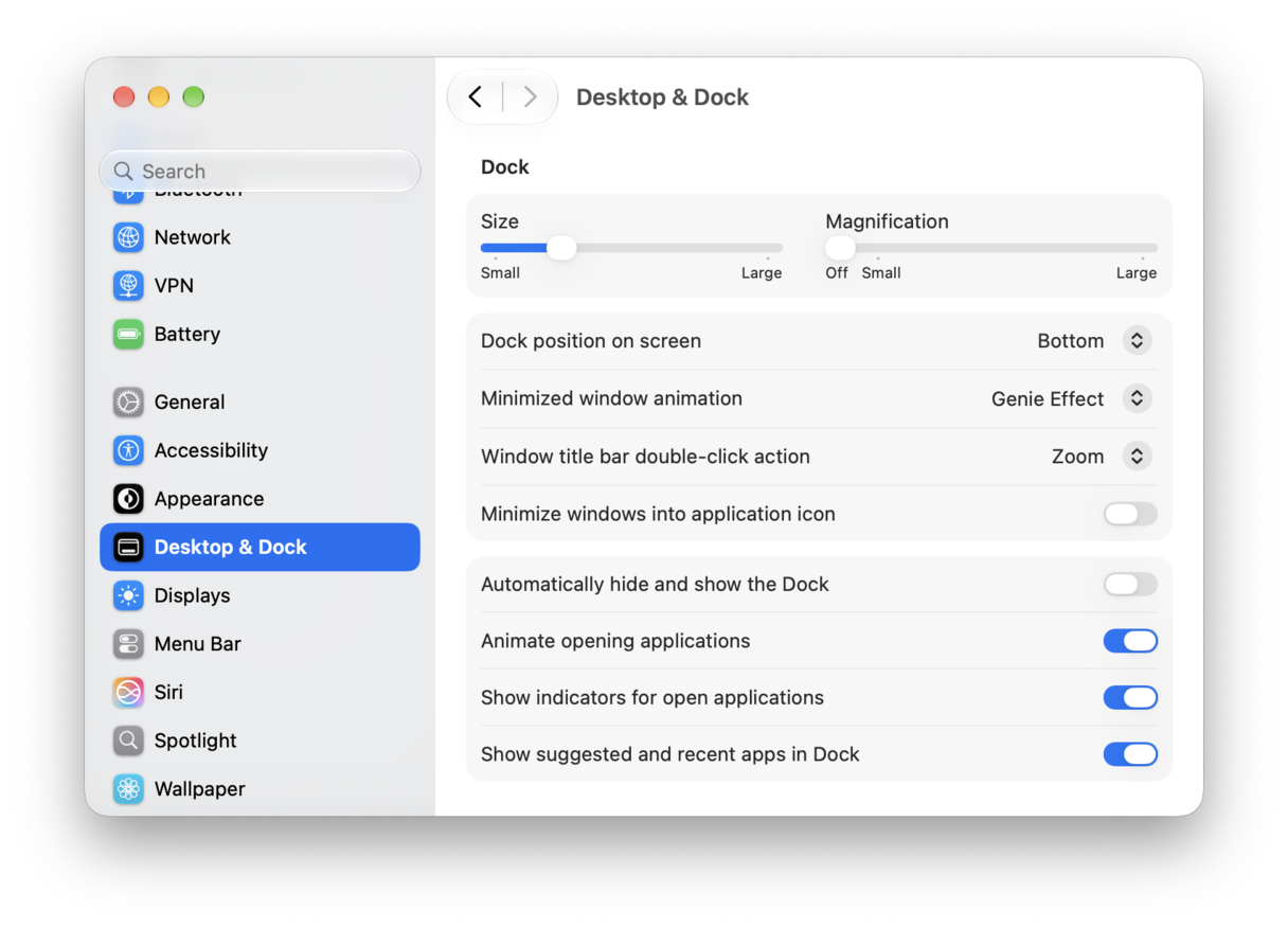 macOS Desktop & Dock settings panel showing Dock size, position and behavior preferences