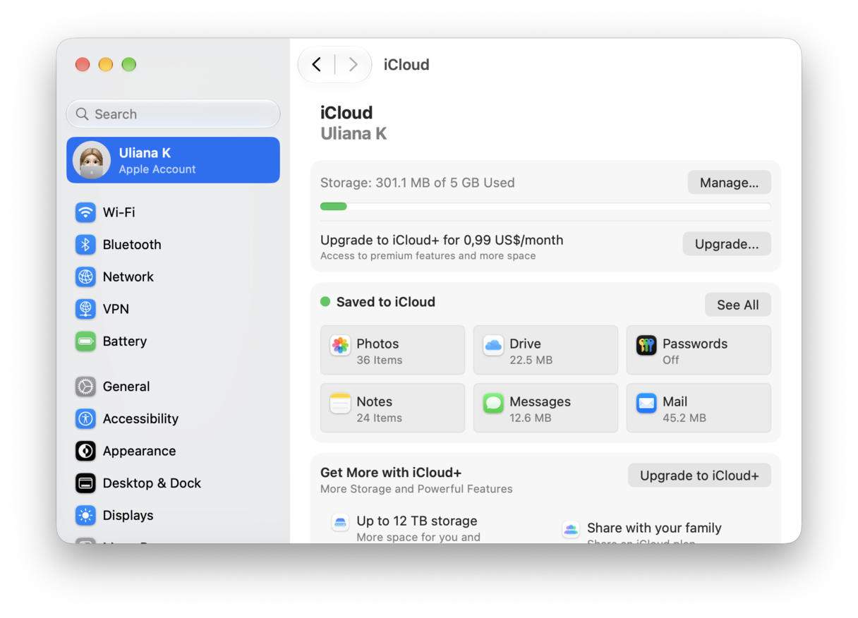 System Preferences - macOS iCloud settings showing storage usage and saved apps