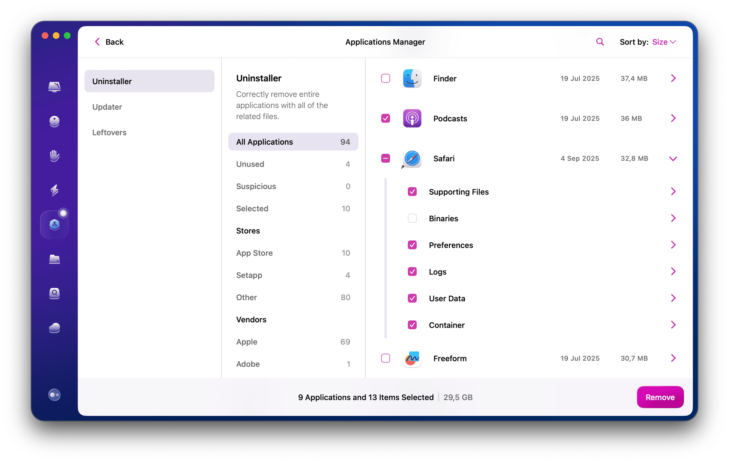 Safari reset selected in the Uninstaller module in CMM