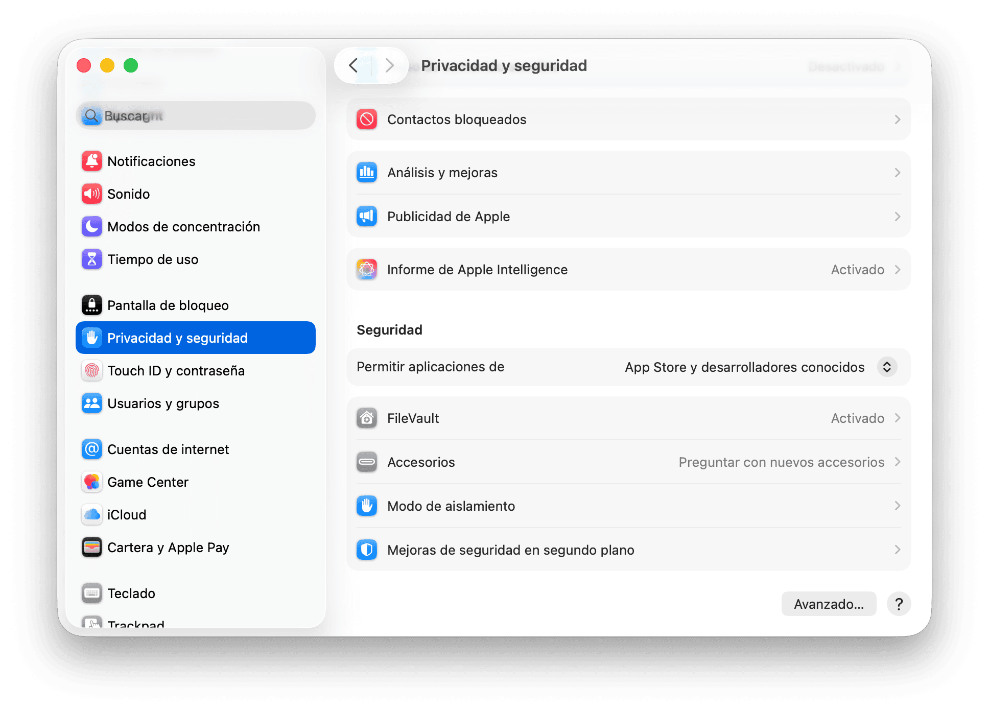 sistema preferencias privacidad seguridad