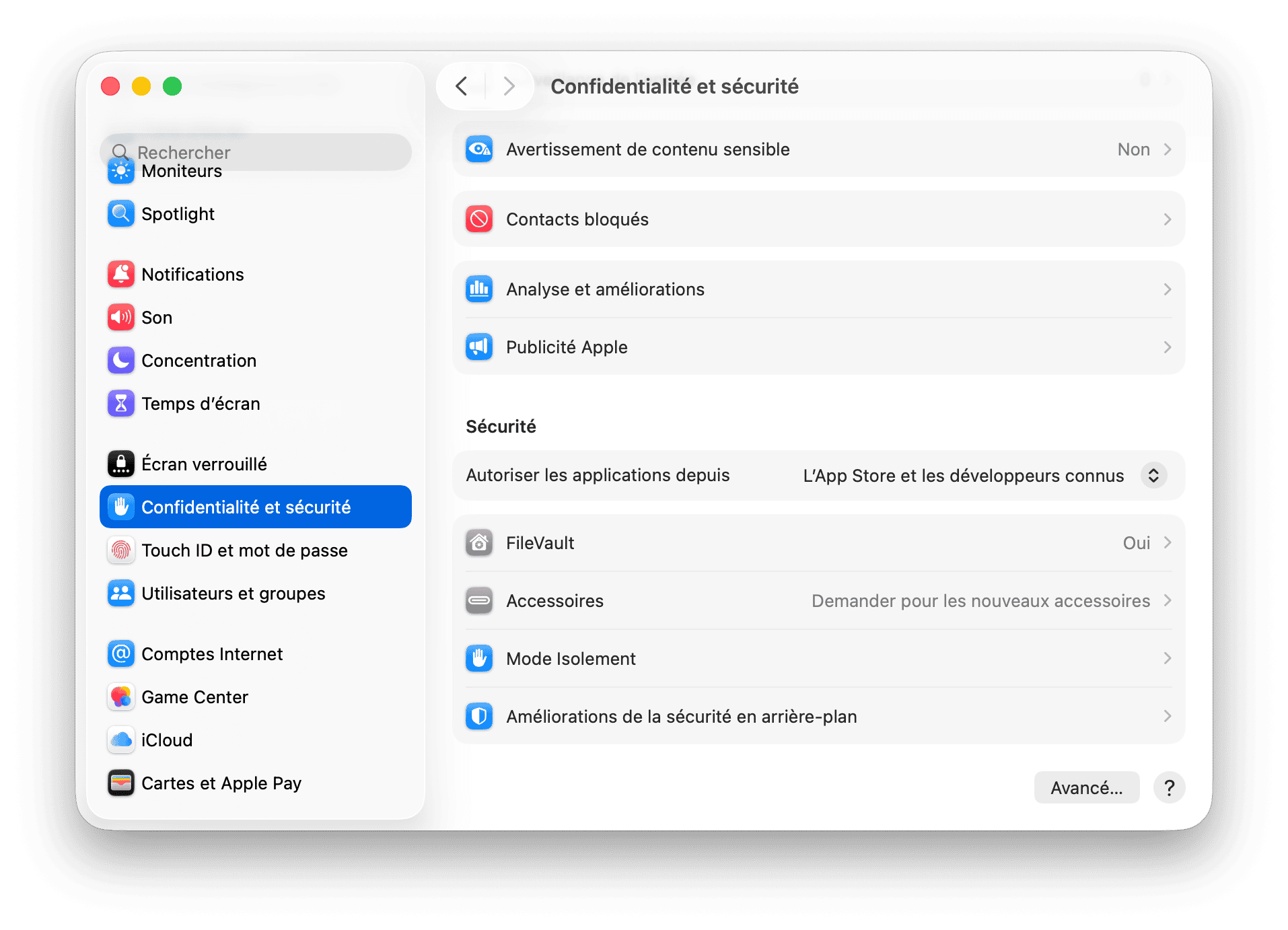 Reglages du systeme Confidentialite securite