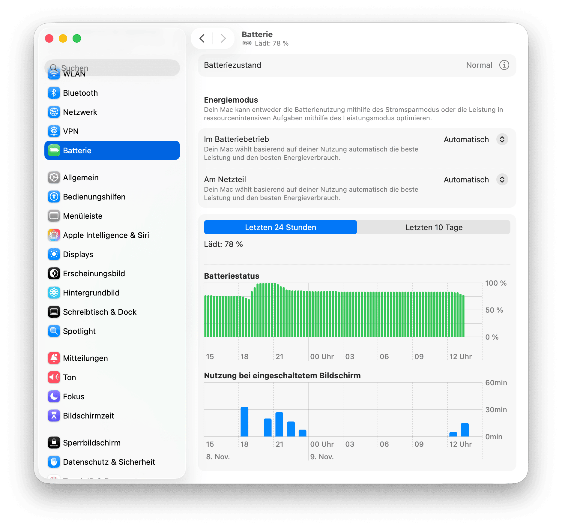 macOS Batterieeinstellungen mit Akkustand-Diagramm