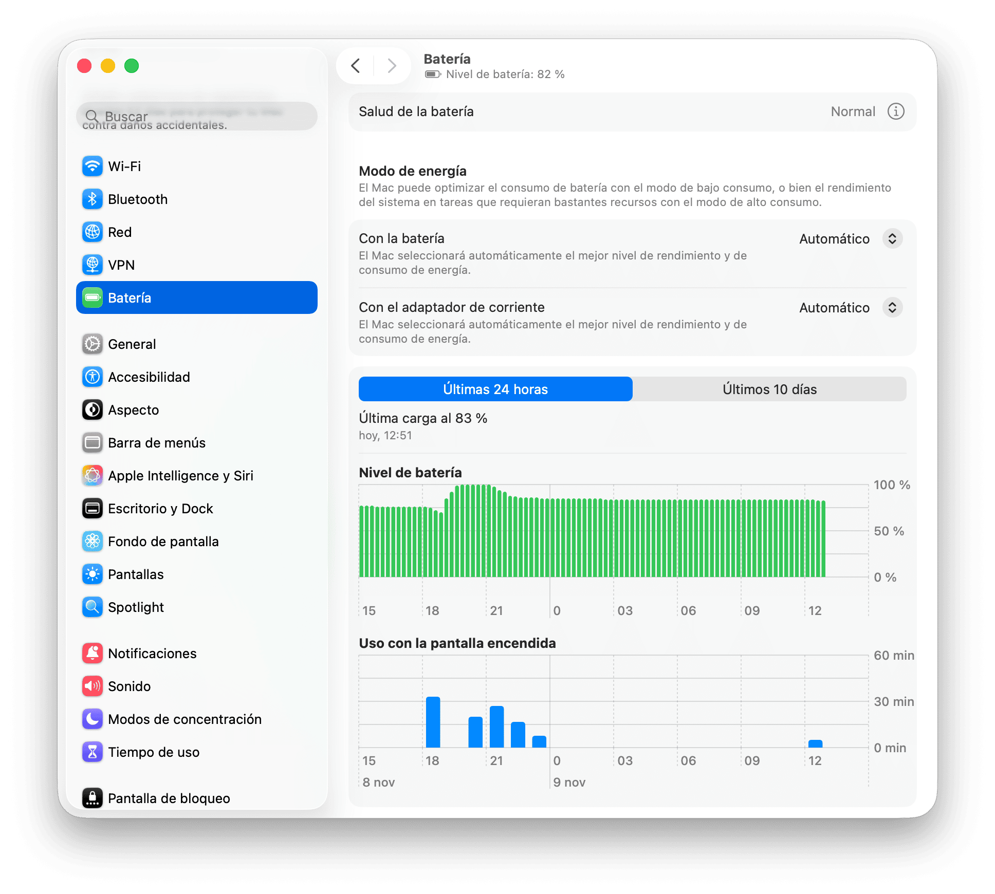 Configuraci&oacute;n de bater&iacute;a de macOS con gr&aacute;fico de nivel de bater&iacute;a