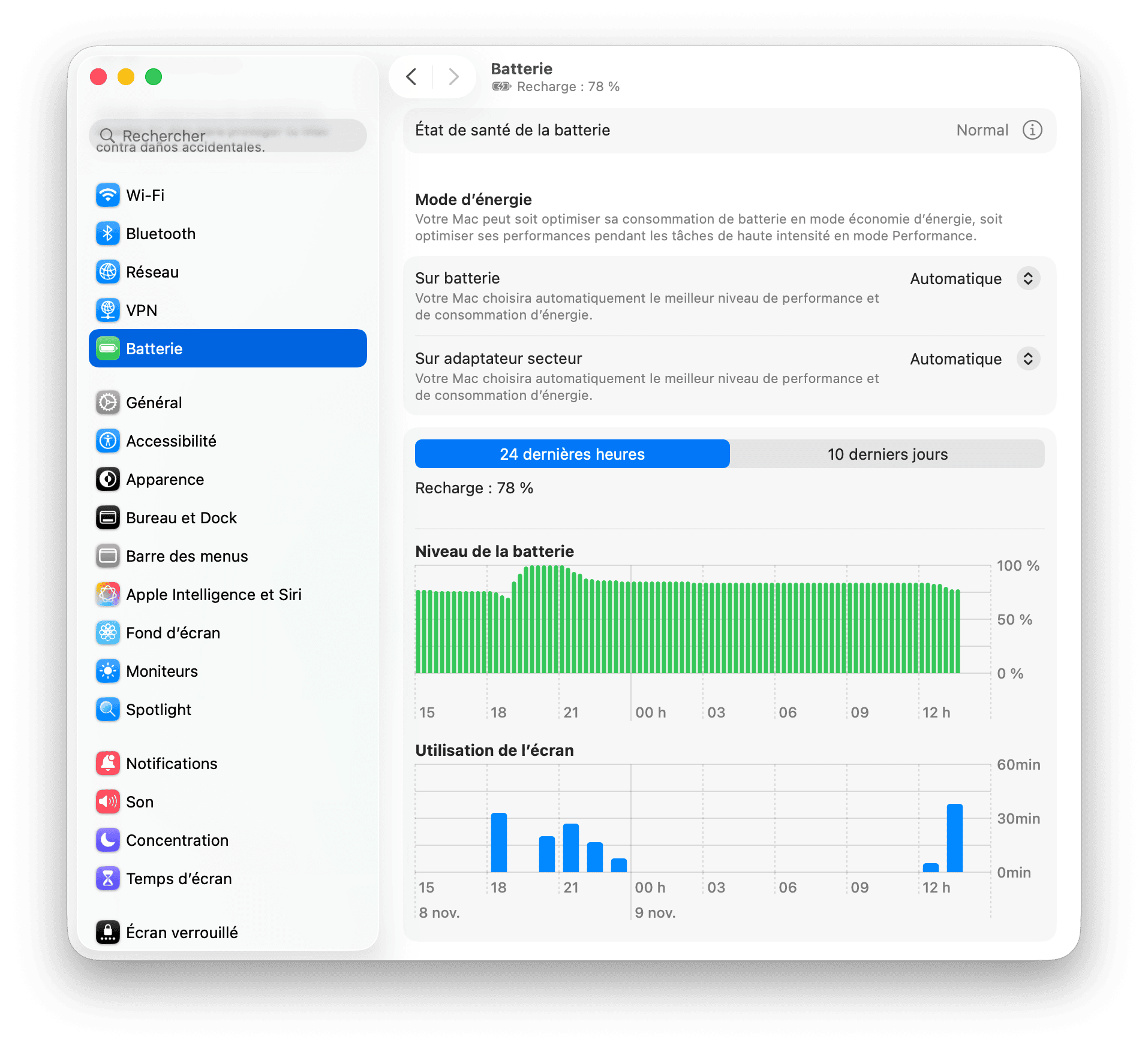 Param&egrave;tres de batterie macOS affichant le graphique du niveau de batterie