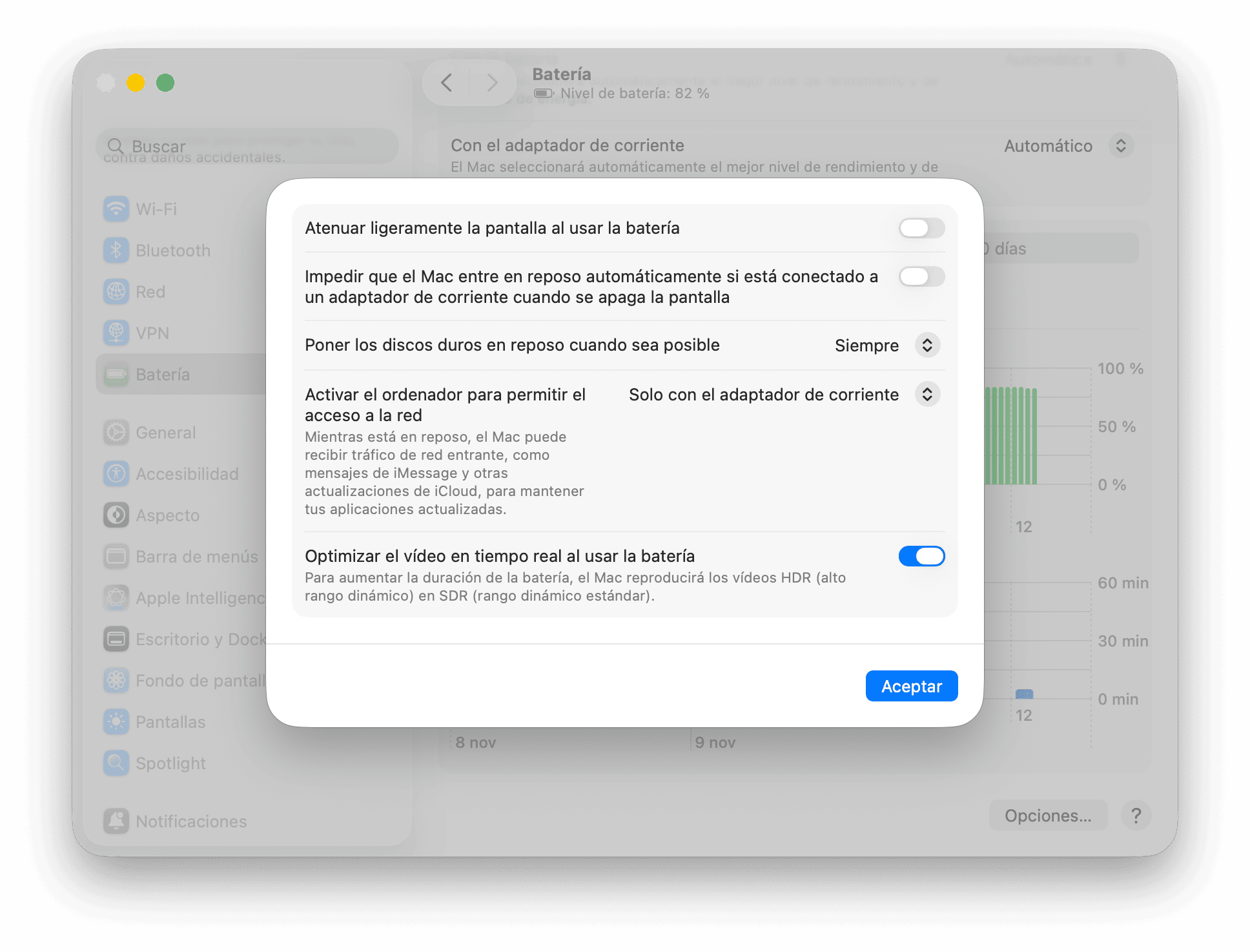 sistema preferencias opciones bateria