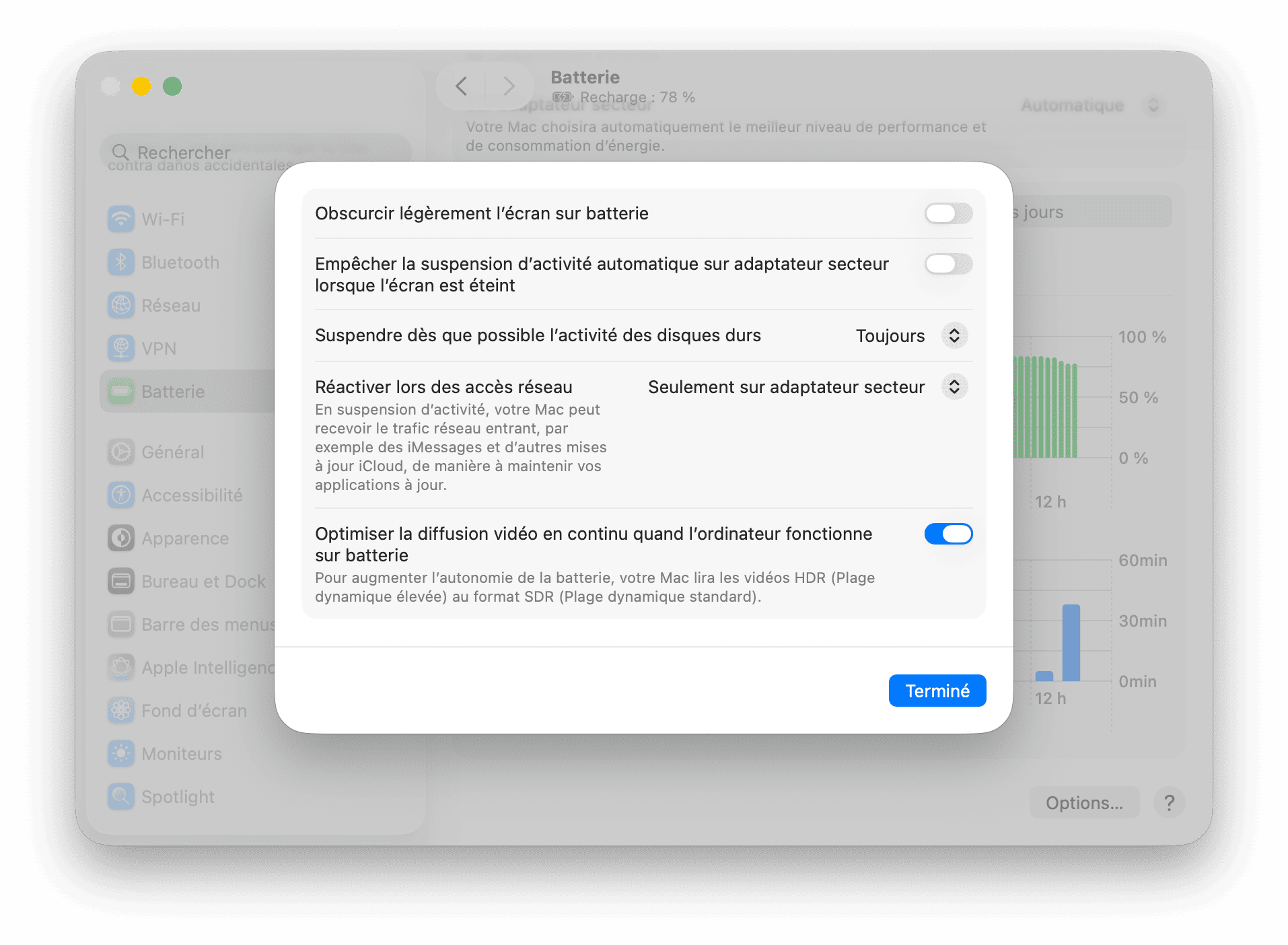 Reglages du systeme Batterie options