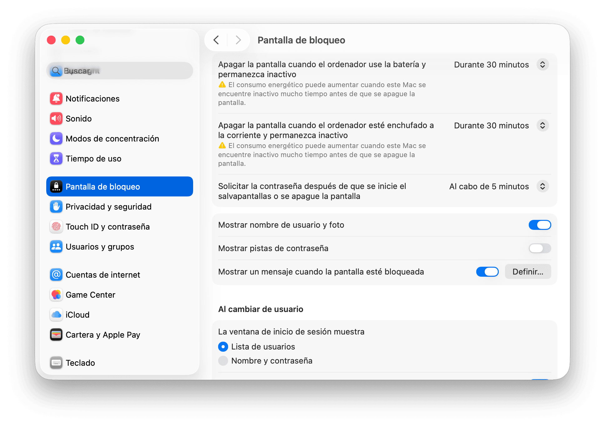 sistema preferencias pantalla bloqueada