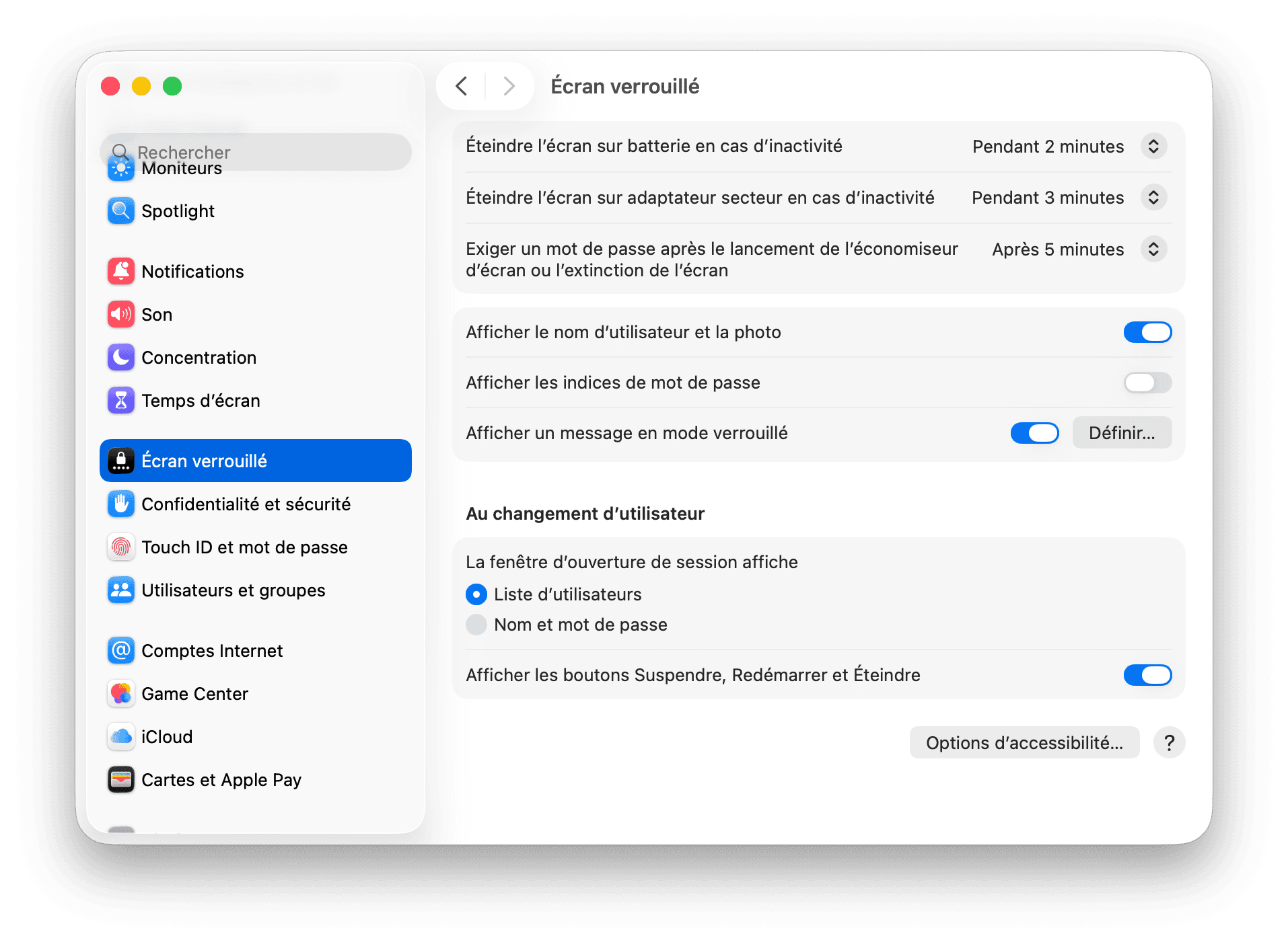 Reglages du systeme Ecran verrouille