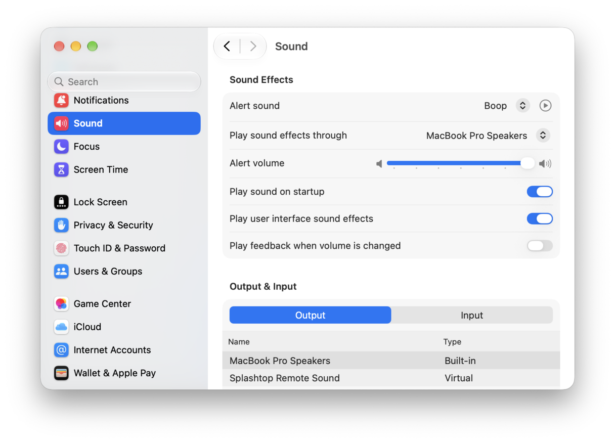 System Preferences - macOS Sound settings displaying sound effects preferences and audio input and output options