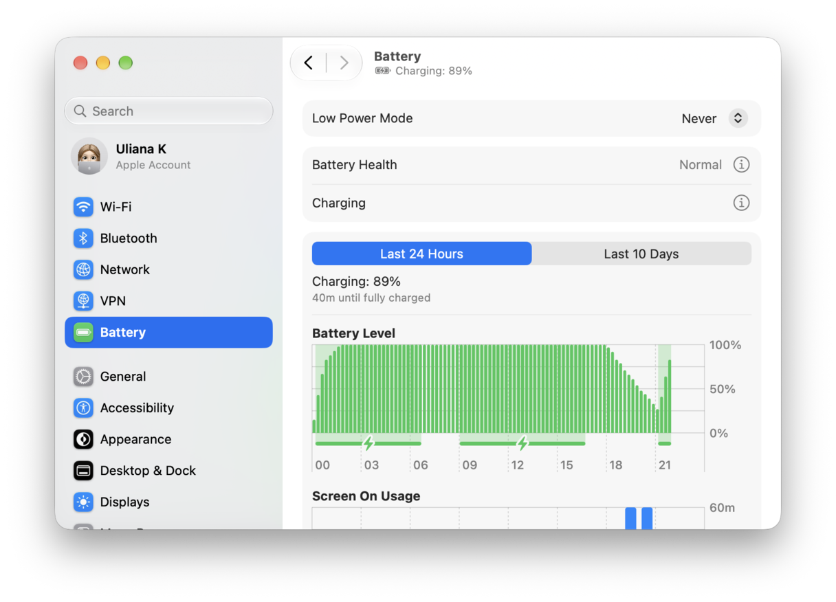 macOS Battery settings displaying battery level chart