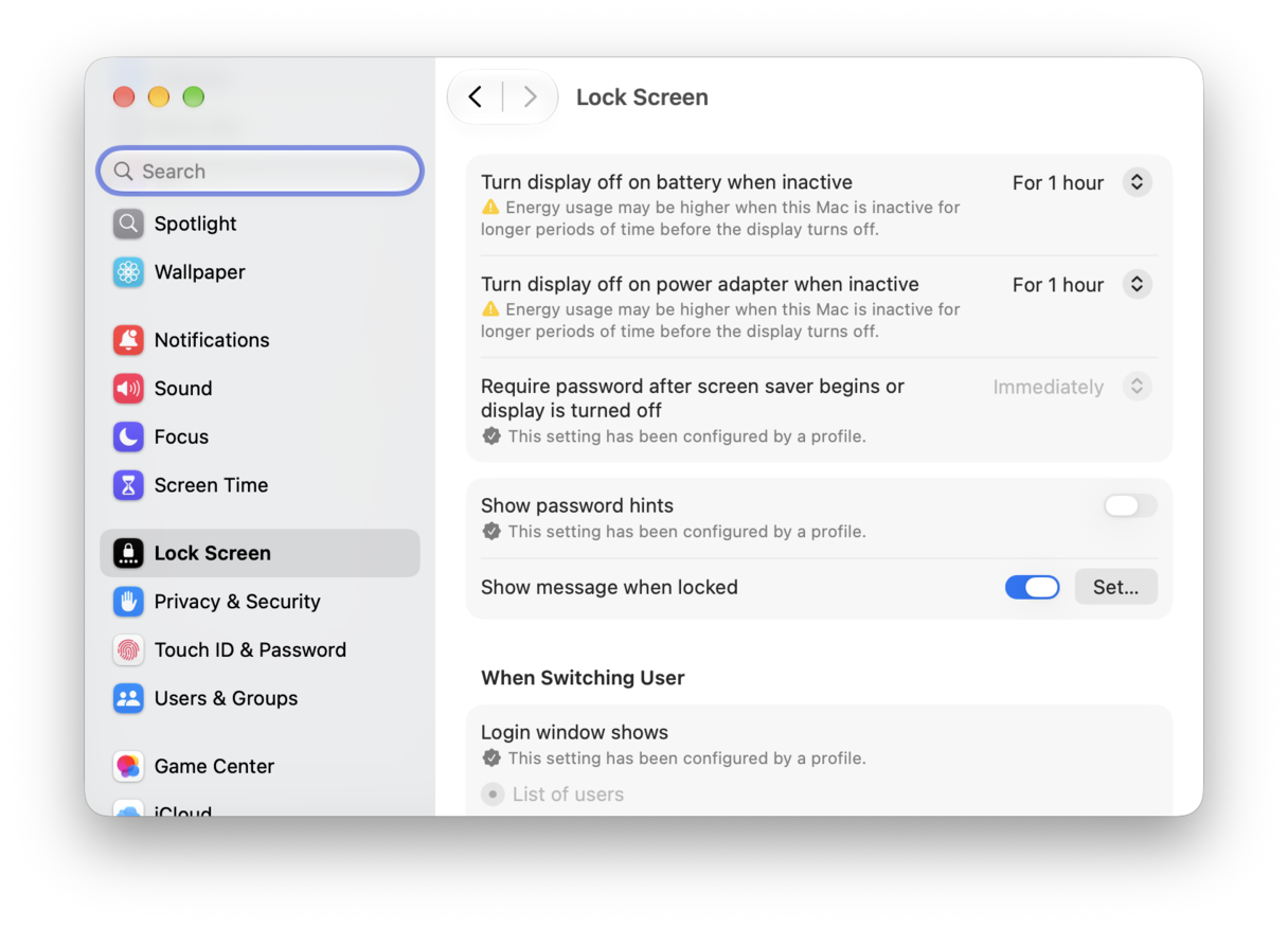 System Preferences - macOS Lock Screen settings showing display timeout, password and login window preferences