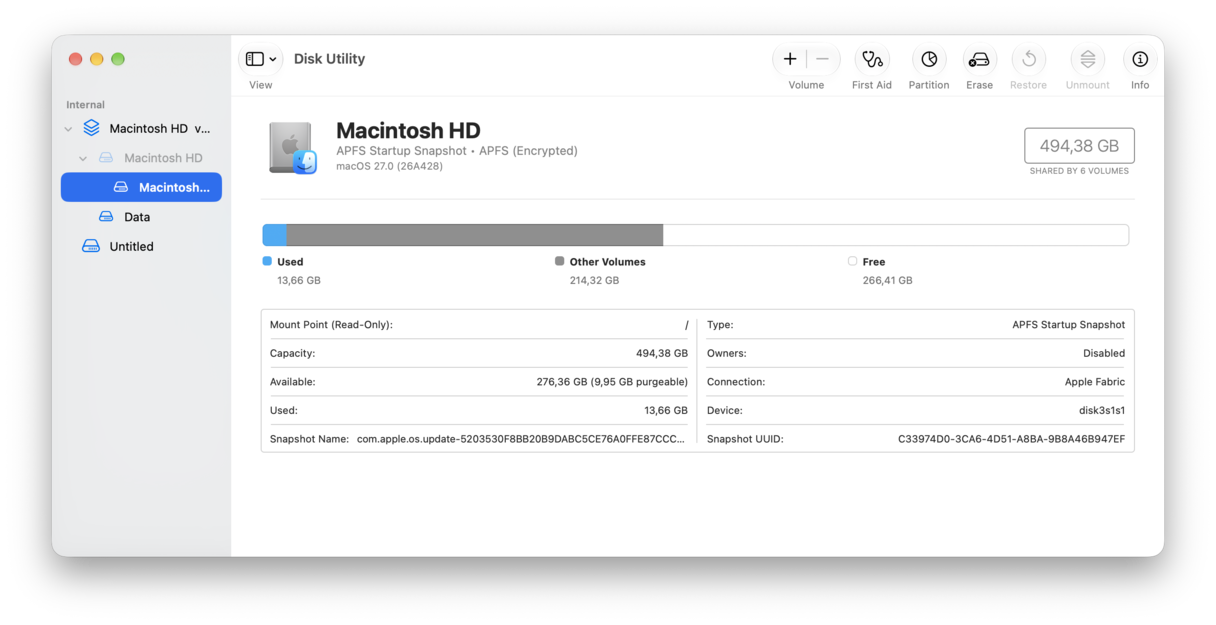 macOS Disk Utility showing Macintosh HD storage capacity and APFS volume details
