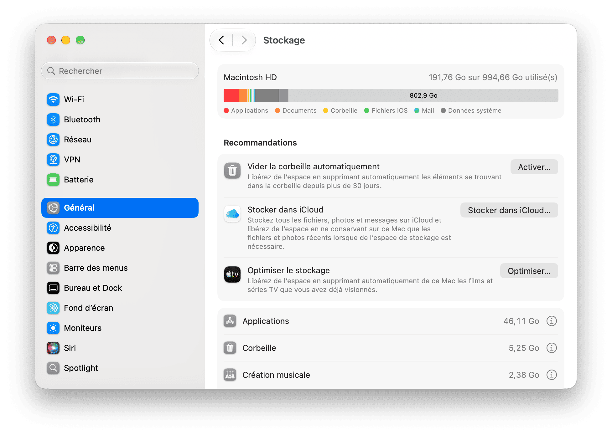 Reglages du systeme - Param&egrave;tres de stockage macOS affichant la r&eacute;partition d'utilisation de Macintosh HD et les recommandations d'optimisation