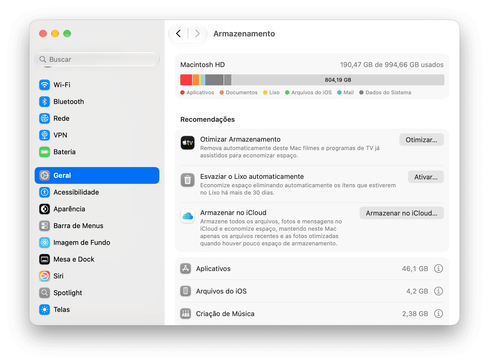 sistema Prefer&ecirc;ncias - Configura&ccedil;&otilde;es de armazenamento do macOS com detalhamento do uso do Macintosh HD e recomenda&ccedil;&otilde;es de otimiza&ccedil;&atilde;o