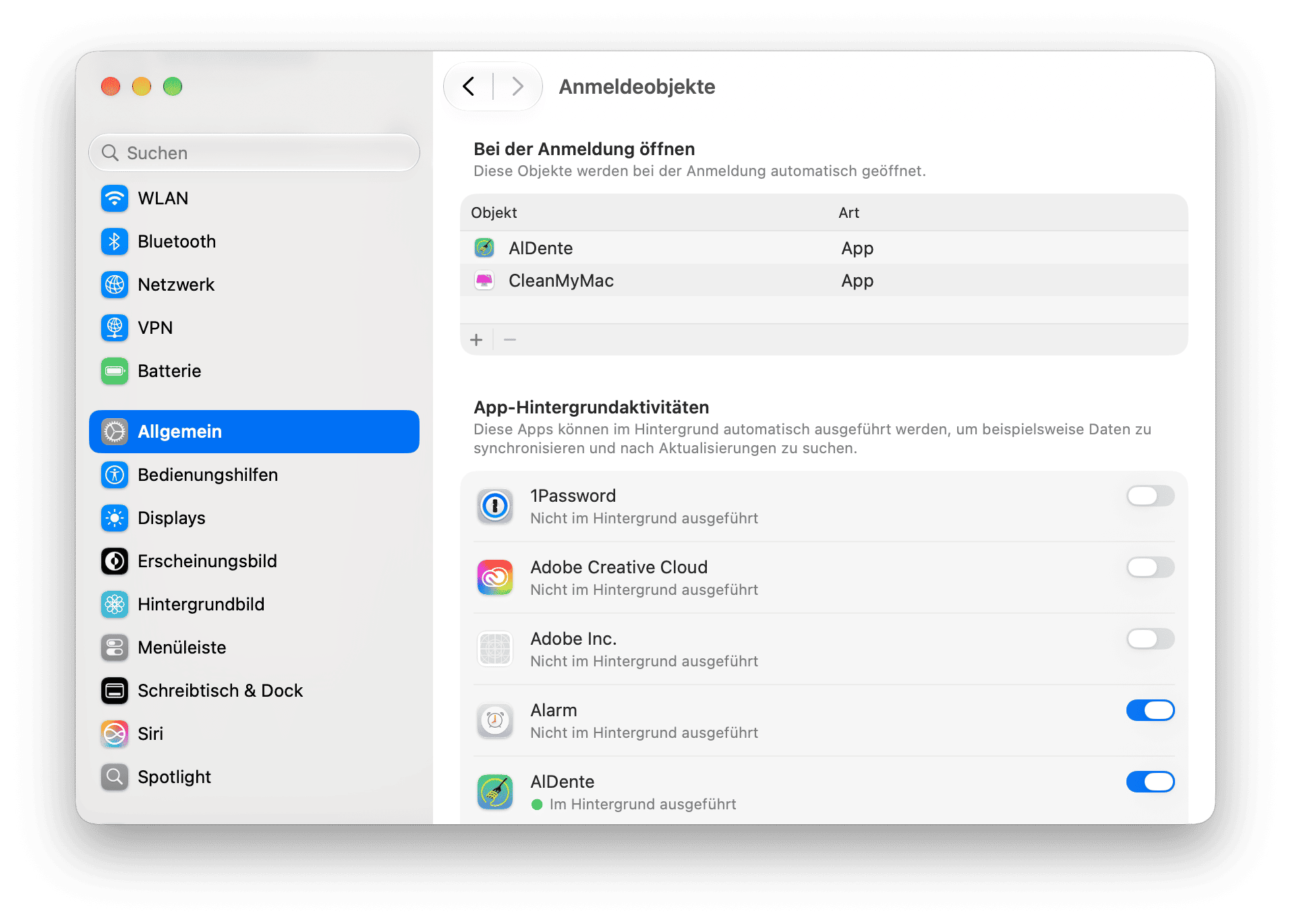 macOS Anmeldeobjekte und Erweiterungen mit Autostart-Apps und Hintergrundaktivit&auml;ts-Berechtigungen