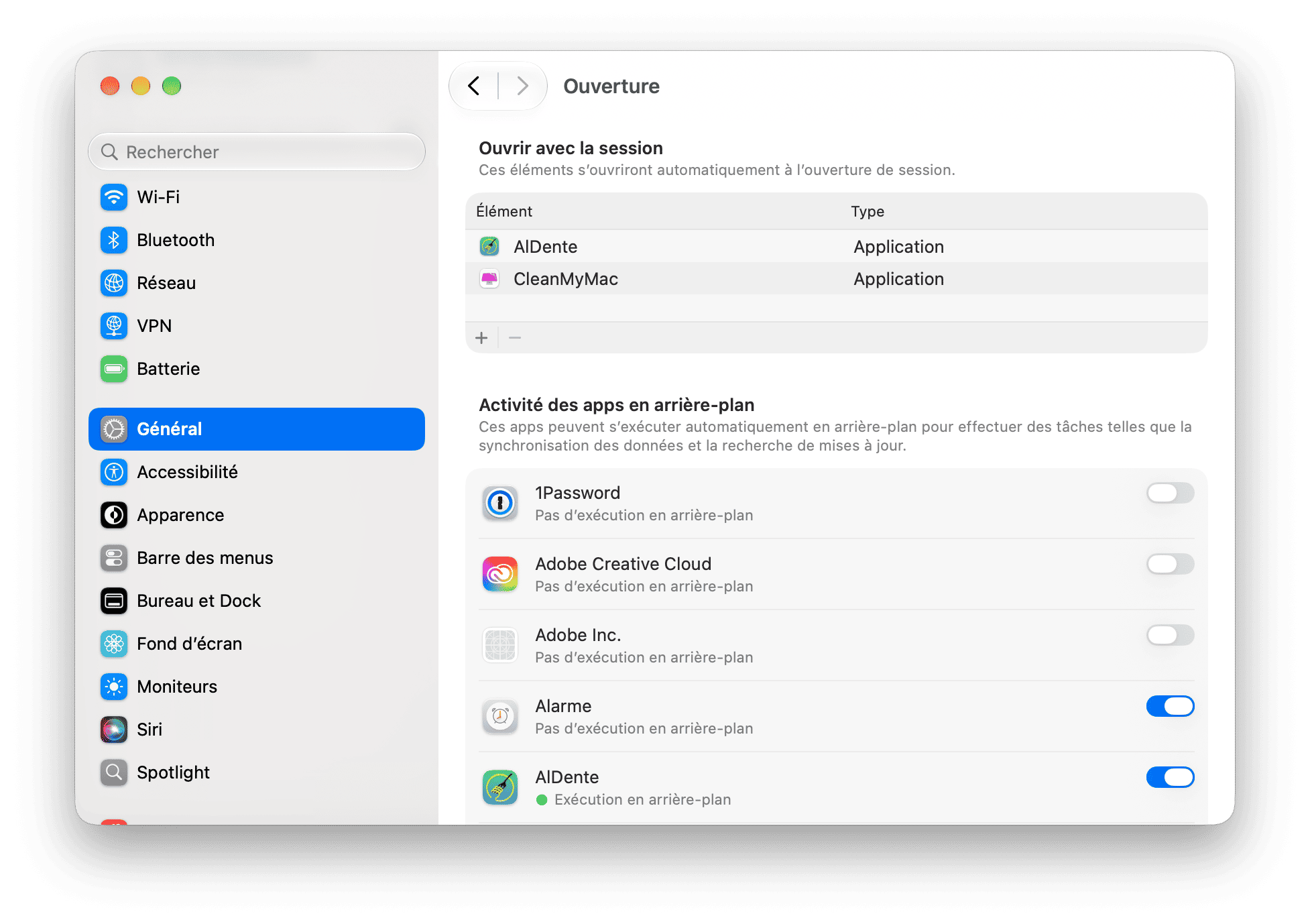 Reglages du systeme - Param&egrave;tres des &eacute;l&eacute;ments de connexion et extensions macOS avec les apps au d&eacute;marrage et les autorisations d'activit&eacute; en arri&egrave;re-plan