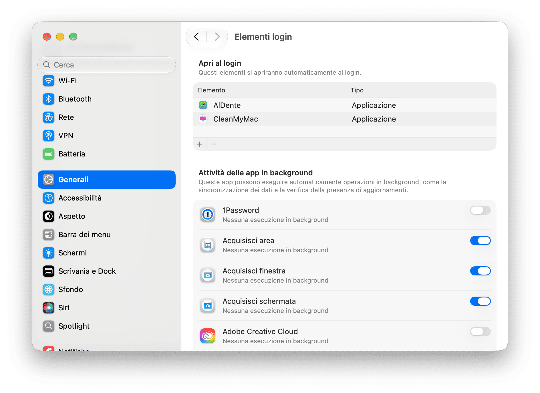 - Impostazioni Elementi di accesso ed estensioni macOS con app di avvio e autorizzazioni attivit&agrave; in backgroundElementi di Login