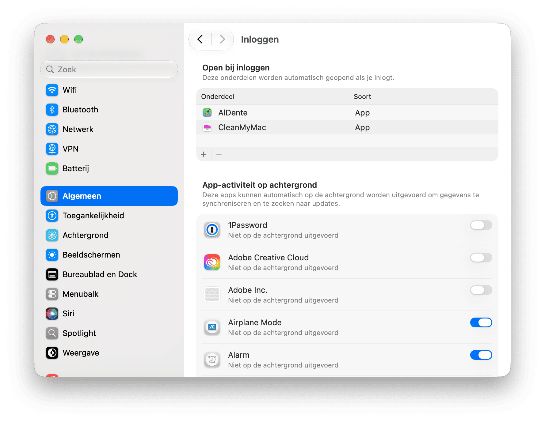 systeem Voorkeuren - macOS inlogonderdelen en extensies-instellingen met opstart-apps en achtergrondactiviteitsmachtigingen