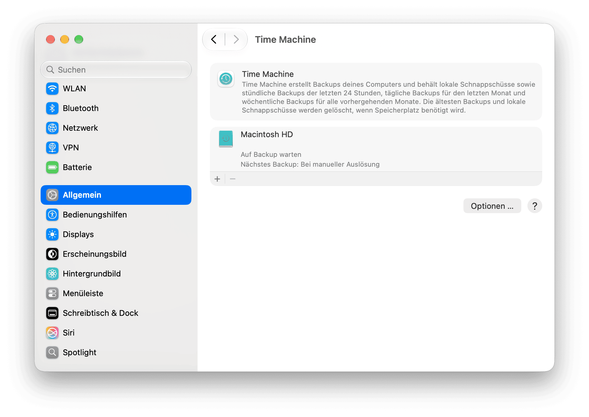 macOS Time Machine-Einstellungen mit Backup-Laufwerkstatus und geplanter Backup-Konfiguration
