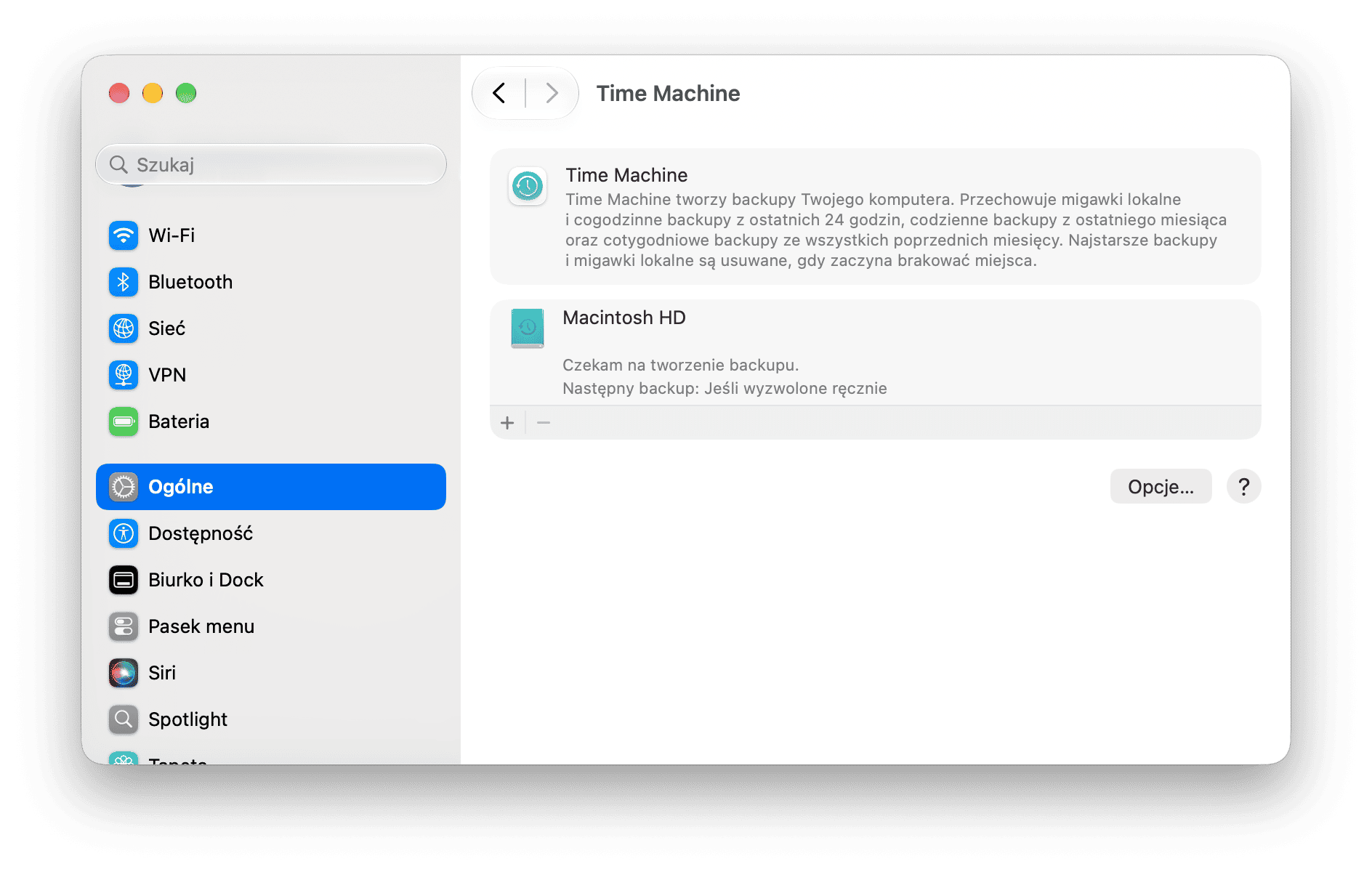 Ustawienia systemowe - Ustawienia Time Machine macOS ze stanem dysku kopii zapasowej i konfiguracją zaplanowanych kopii