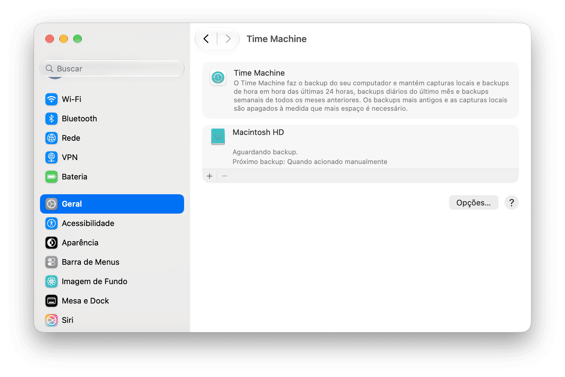 sistema Prefer&ecirc;ncias - Configura&ccedil;&otilde;es do Time Machine do macOS com status da unidade de backup e configura&ccedil;&atilde;o de backup agendado