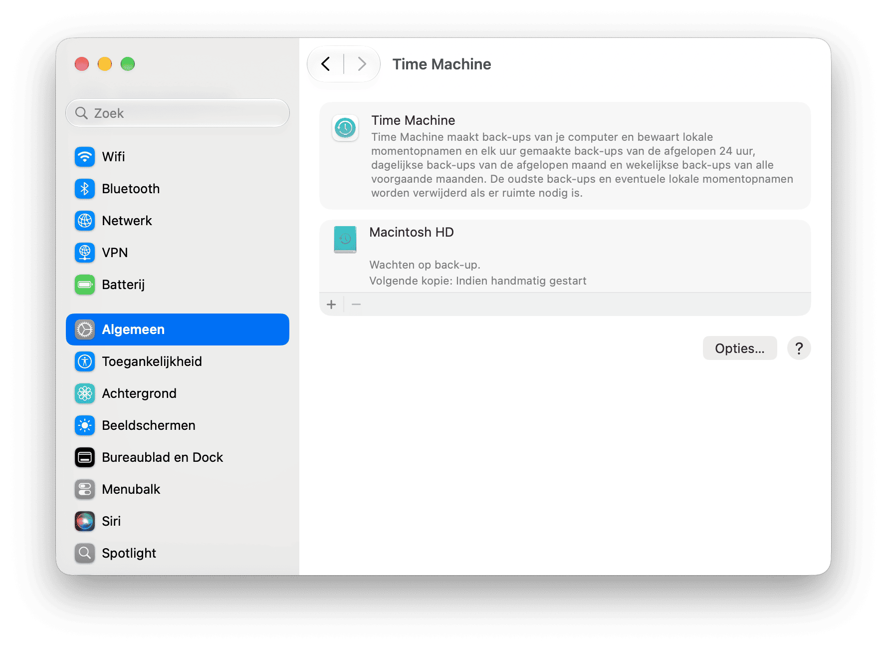 systeem Voorkeuren - macOS Time Machine-instellingen met back-upschijfstatus en geplande back-upconfiguratie