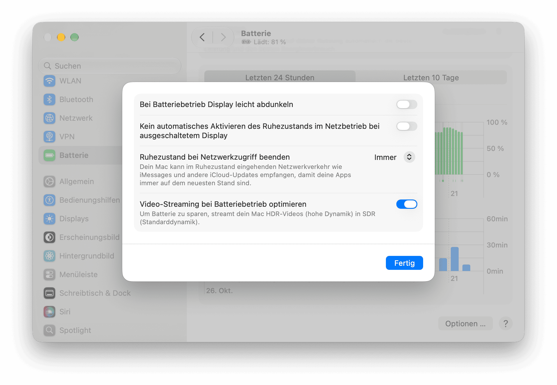 macOS Batterieeinstellungen mit Energieverwaltungs- und Video-Streaming-Optionen