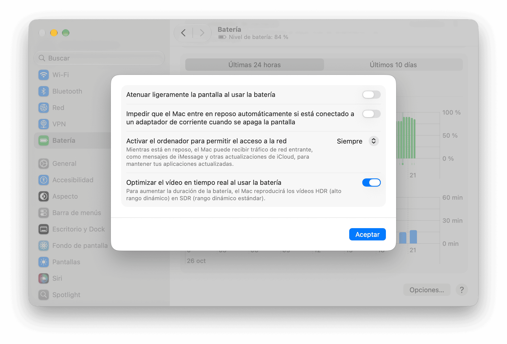 Panel de opciones de configuraci&oacute;n de bater&iacute;a de macOS con preferencias de gesti&oacute;n de energ&iacute;a y streaming de video