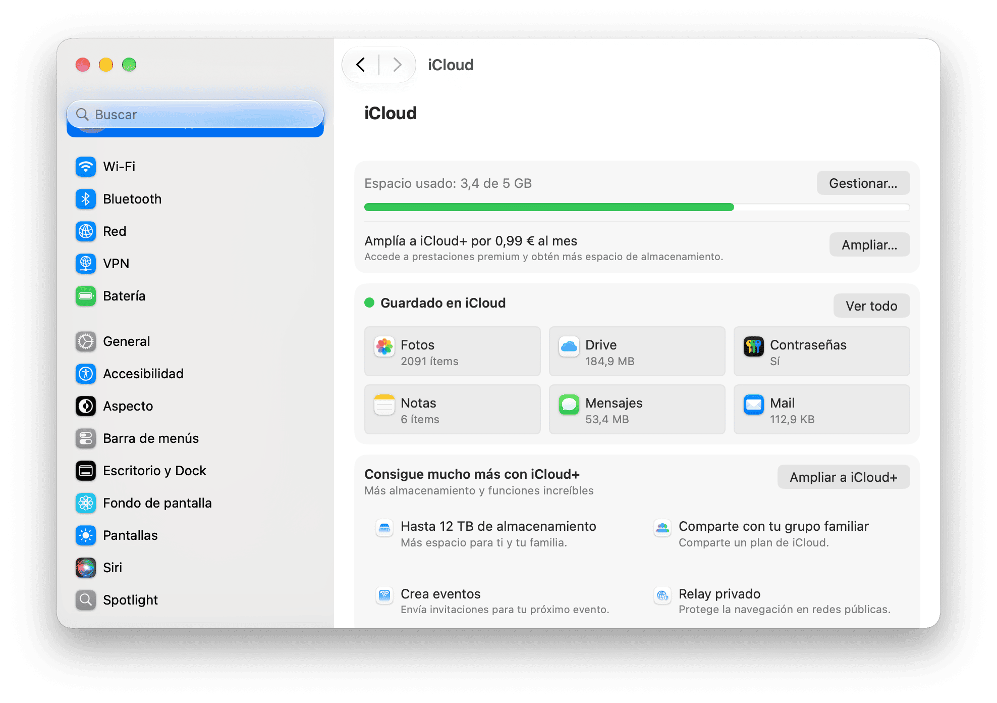 sistema preferencias - Configuraci&oacute;n de iCloud de macOS con uso de almacenamiento y apps guardadas