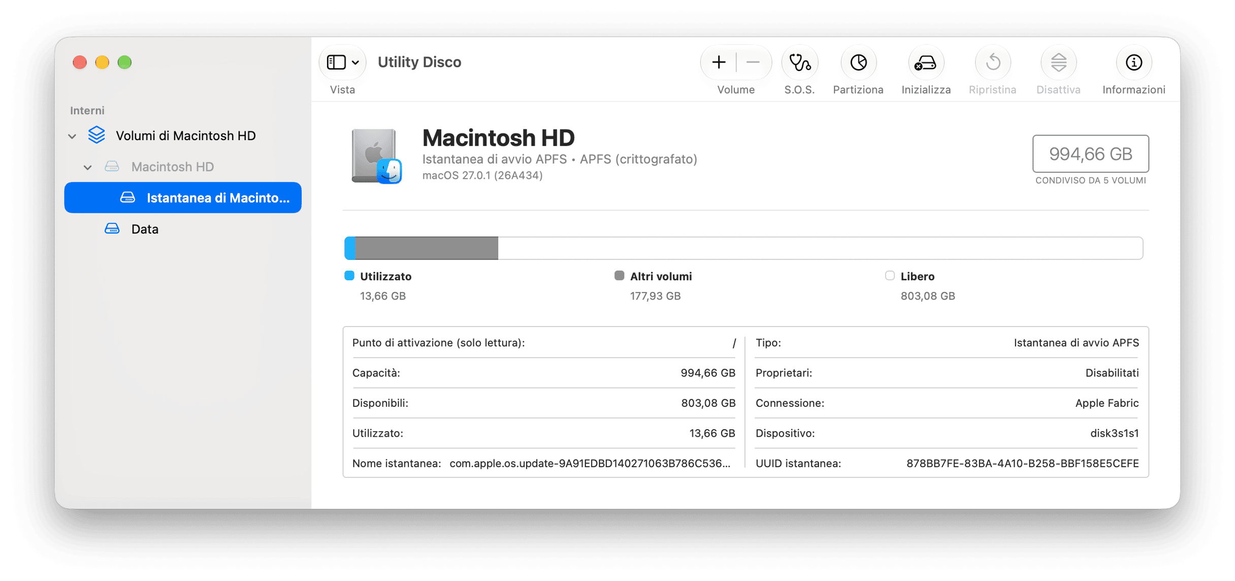 Utility Disco di macOS con capacit&agrave; di archiviazione di Macintosh HD e dettagli del volume APFS