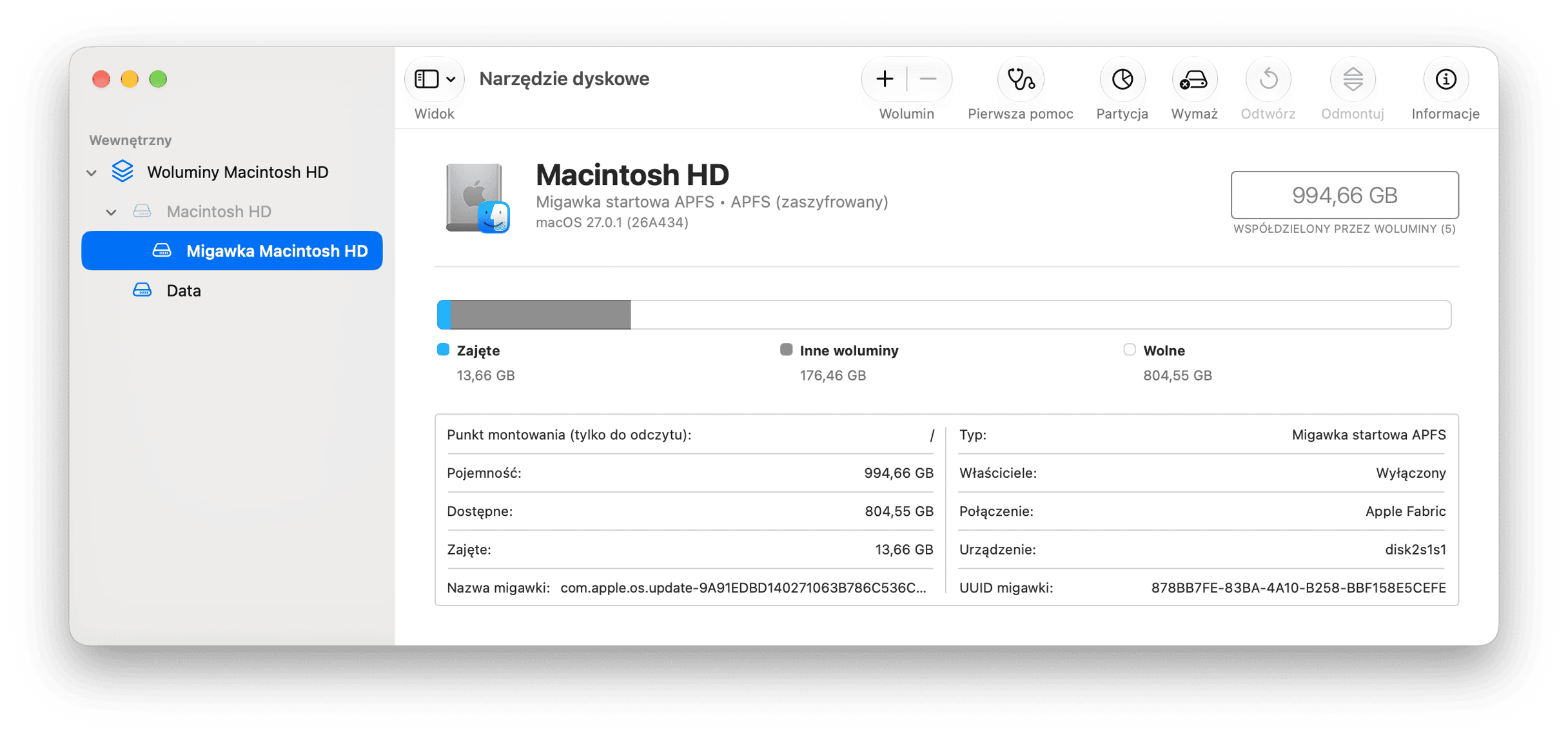 Narzędzie dyskowe macOS pokazujące pojemność dysku Macintosh HD i szczeg&oacute;ły woluminu APFS