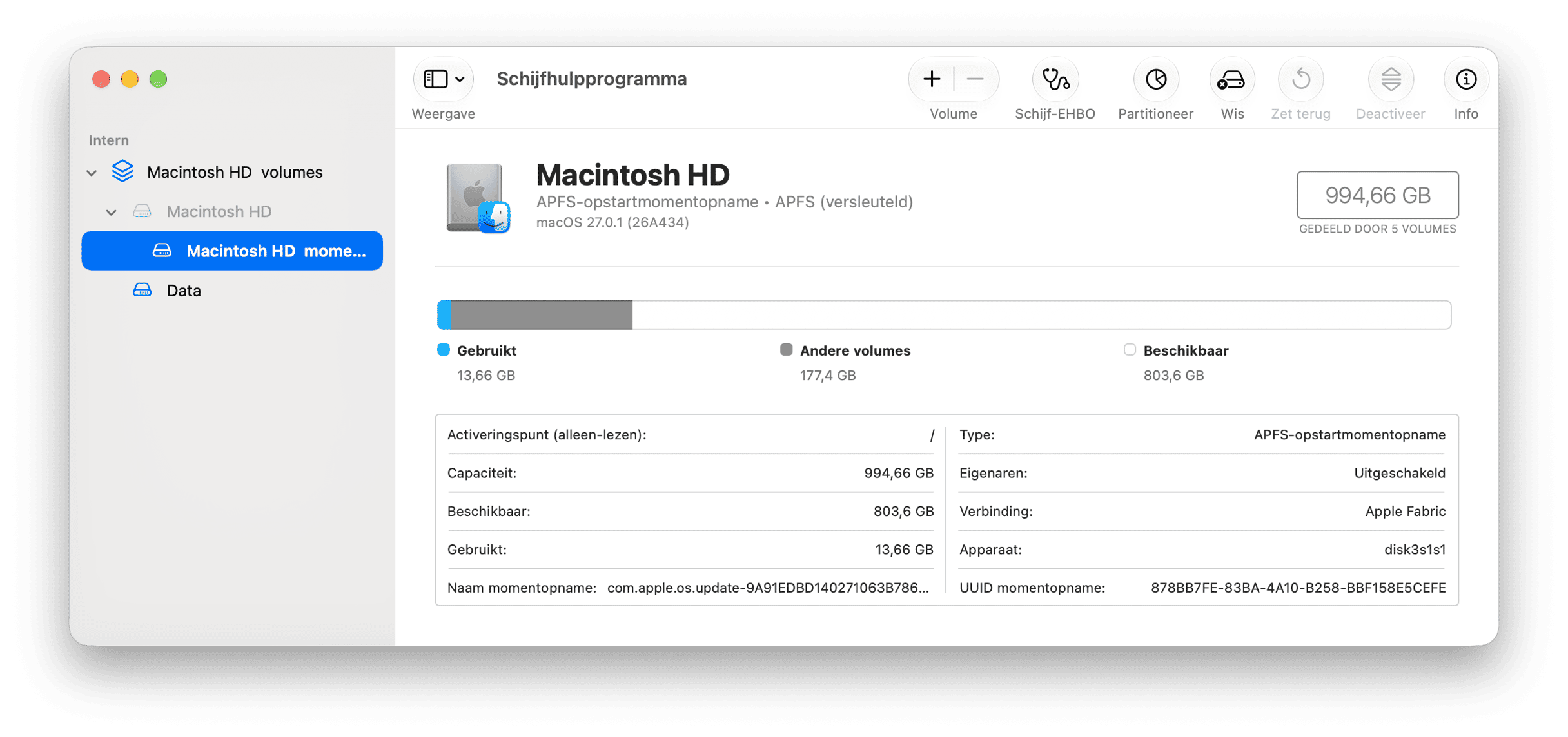 macOS Schijfhulpprogramma toont opslagcapaciteit van Macintosh HD en APFS-volumedetails