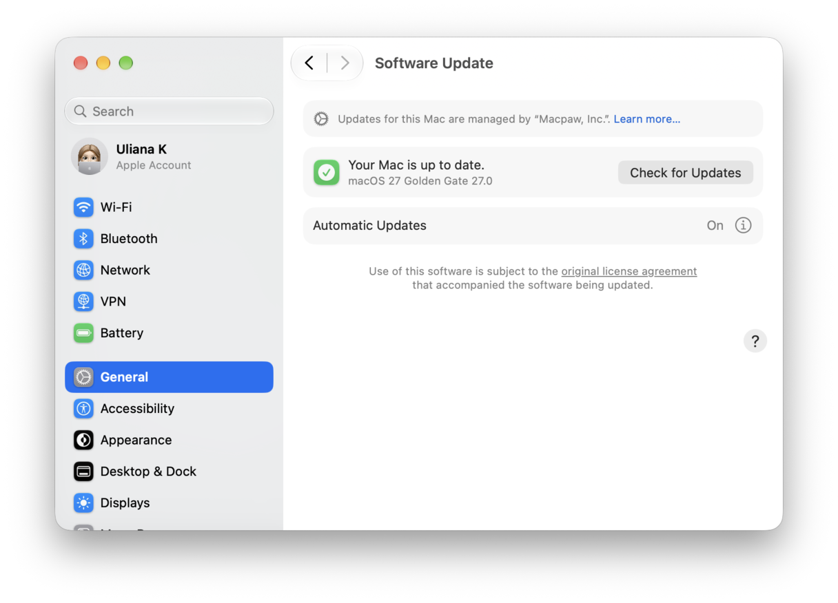 System Preferences - macOS Software Update settings