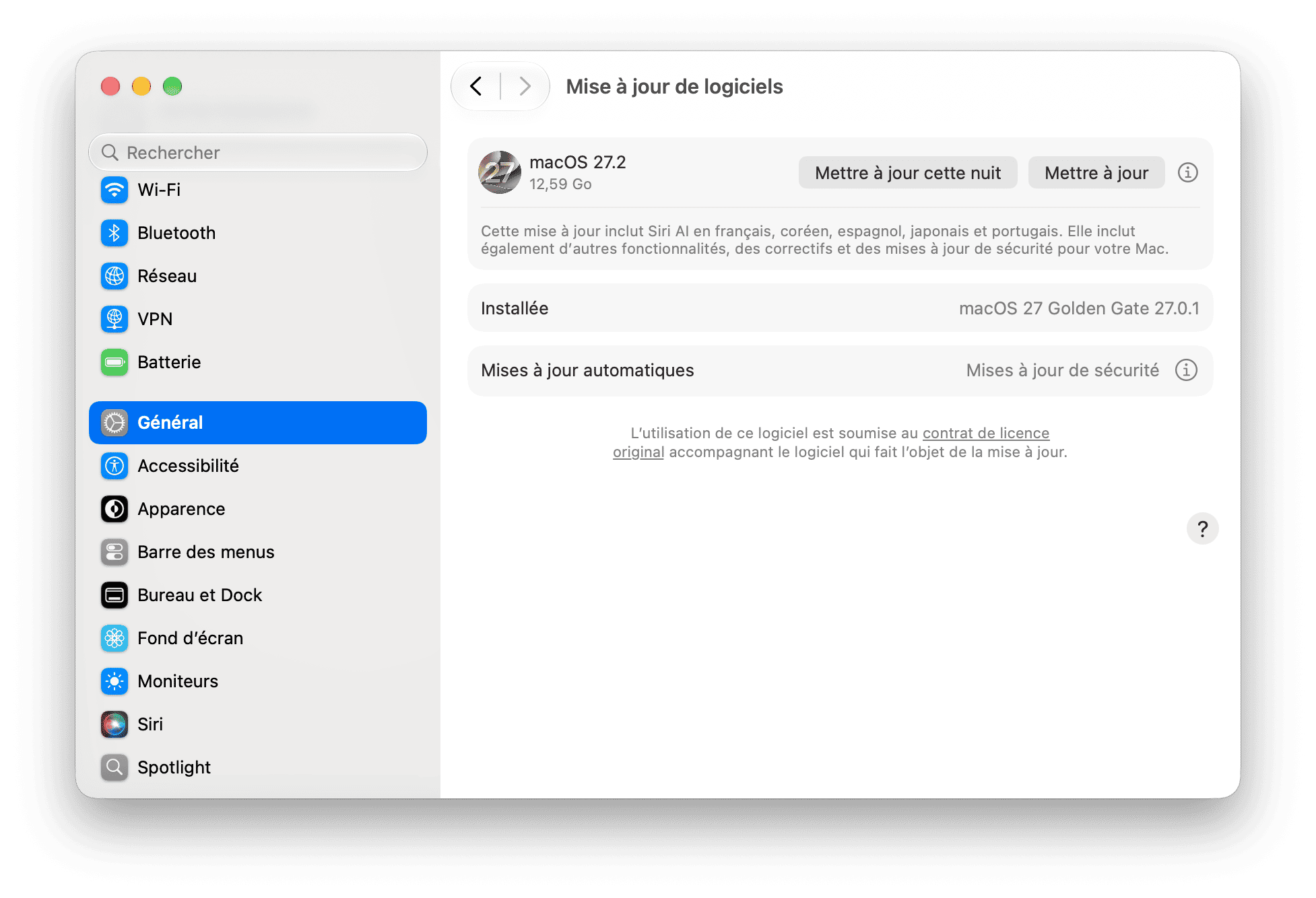 Reglages du systeme - Param&egrave;tres de mise &agrave; jour logicielle macOS