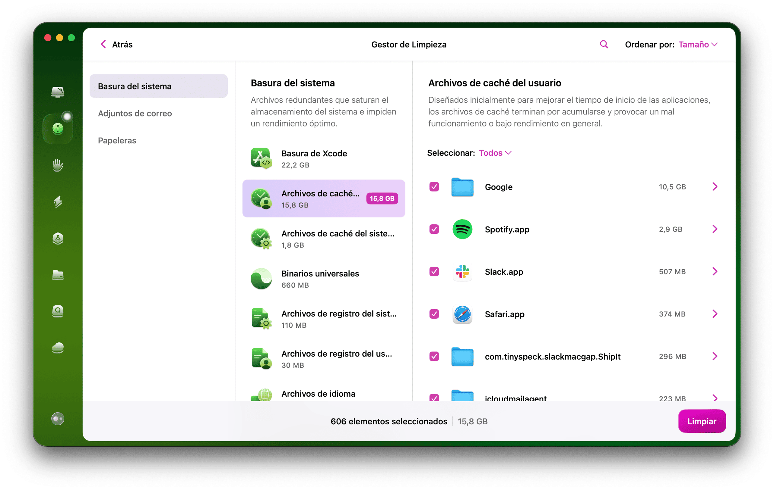 Funci&oacute;n Limpieza: archivos de cach&eacute; del usuario