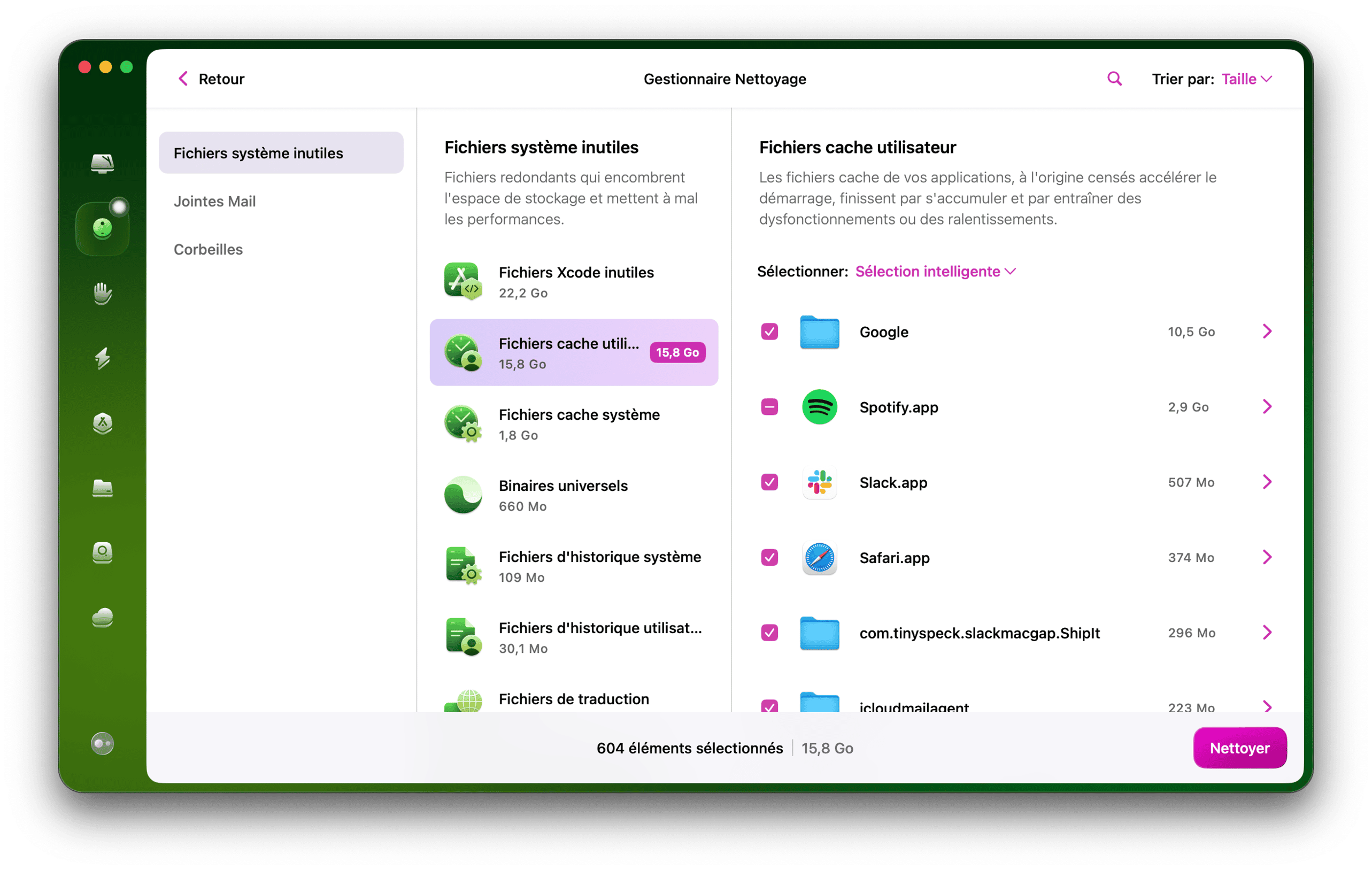 Outil Nettoyage &ndash; fichiers de cache utilisateur