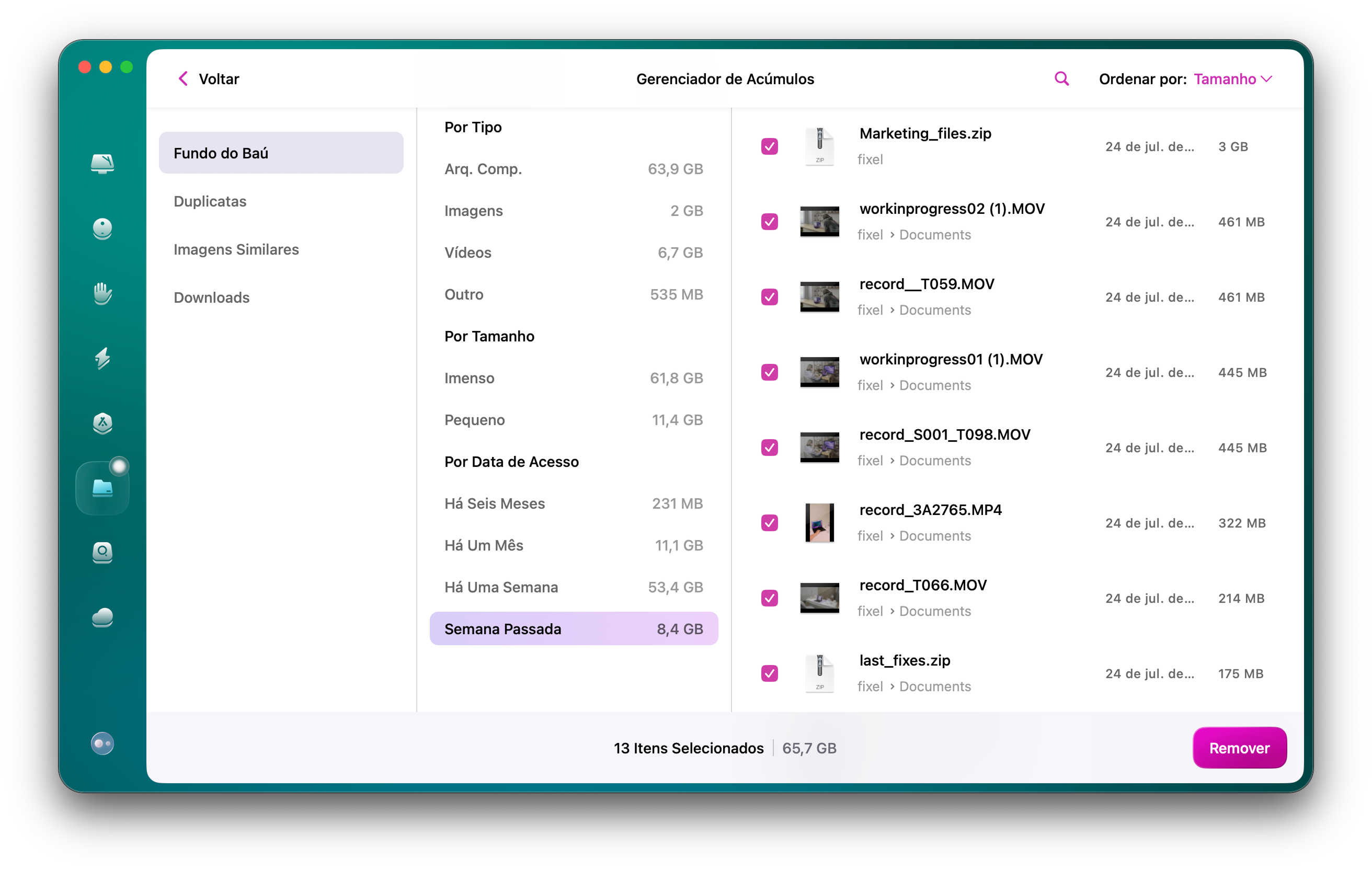 Na barra lateral, selecione Ac&uacute;mulos e clique em Analisar&nbsp;> Revisar Todos os Arquivos
