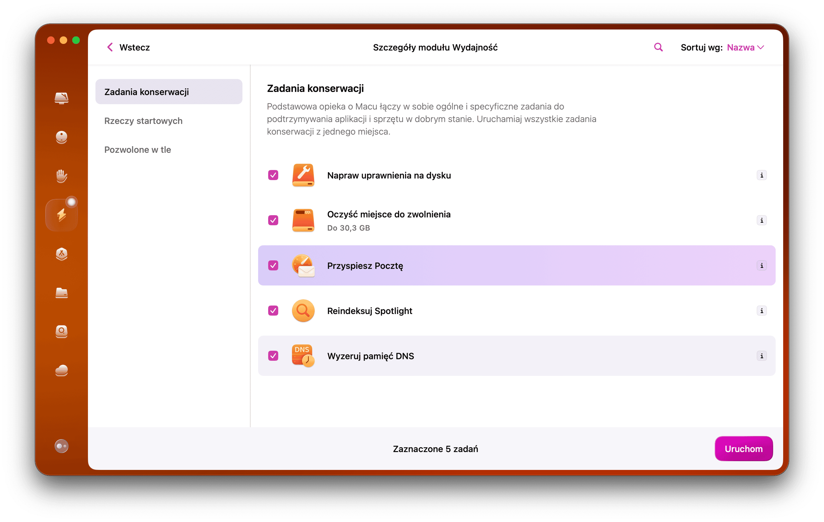 W pasku bocznym po lewej stronie wybierz Wydajność i kliknij Skanuj