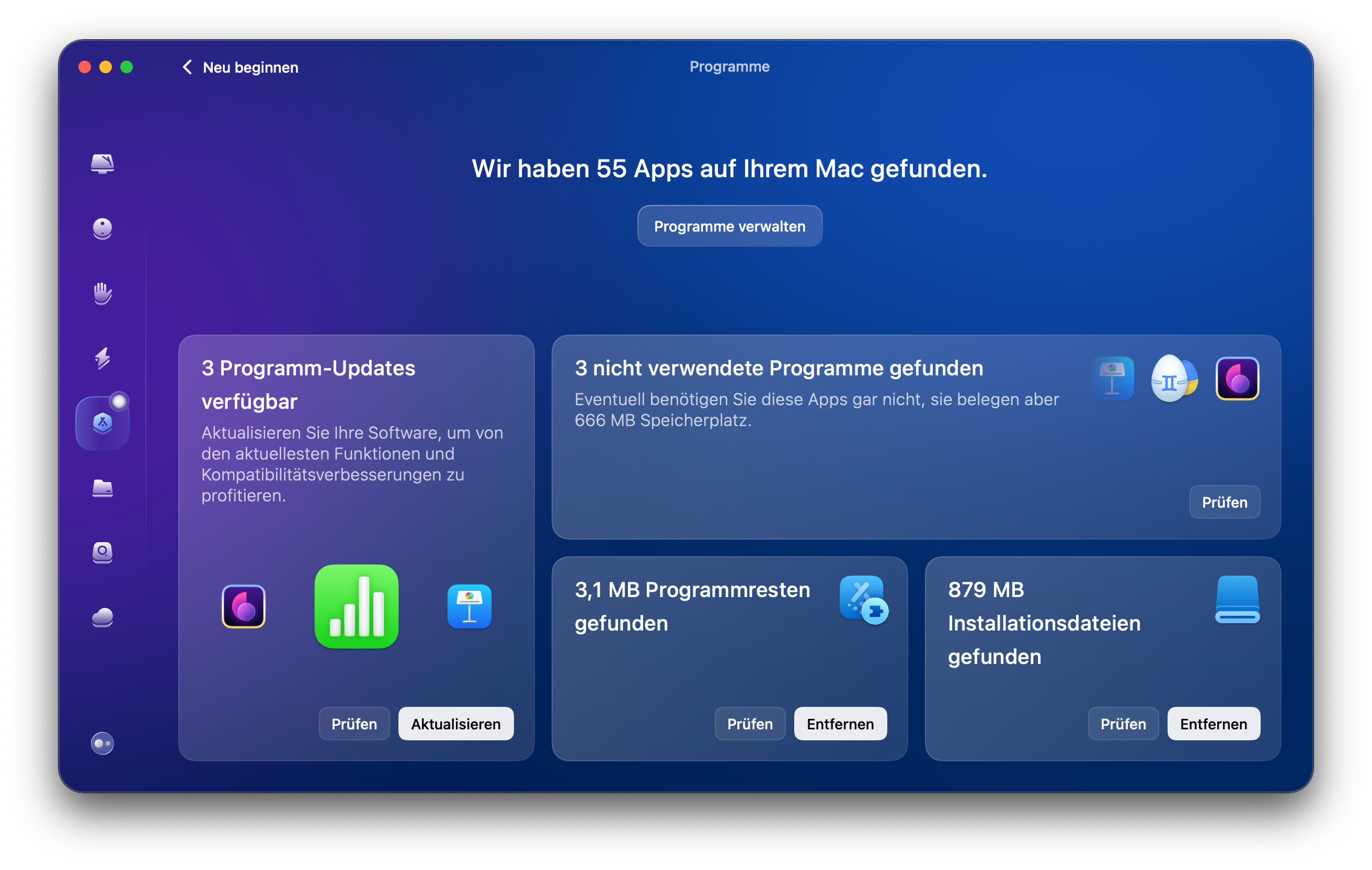 &Ouml;ffnen Sie die App und klicken Sie auf &bdquo;Programme&ldquo; > &bdquo;Scannen&ldquo; > &bdquo;Programme verwalten&ldquo; > &bdquo;Updater&ldquo;