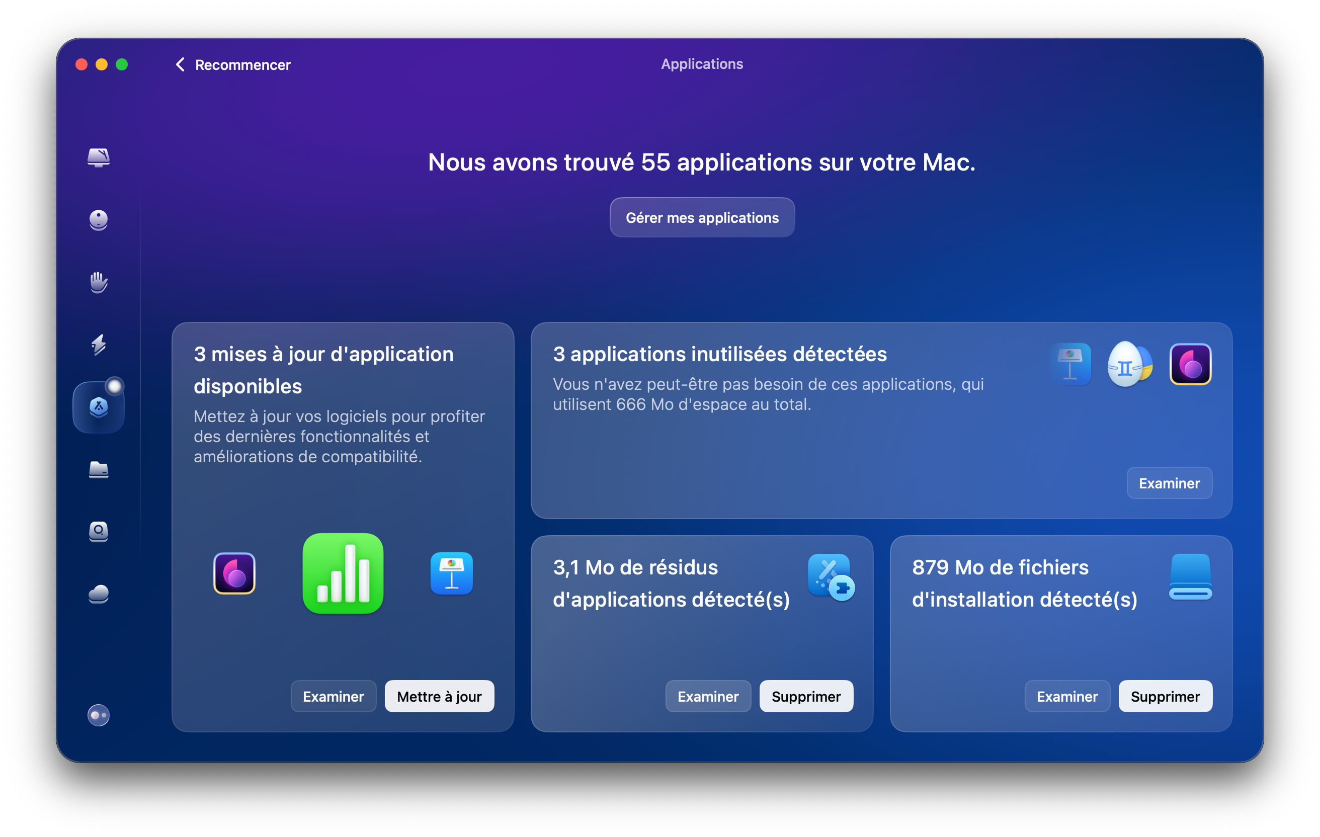 Ouvrez l'application et cliquez sur Applications&nbsp;> Analyser&nbsp;> G&eacute;rer mes applications&nbsp;> Outil de mise &agrave; jour