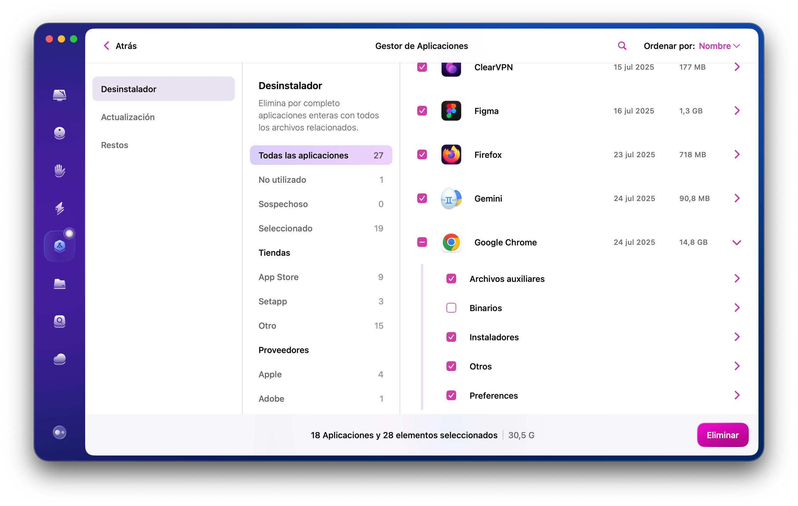 Haz clic en Gestionar mis aplicaciones y encuentra Chrome en la secci&oacute;n Desinstalador