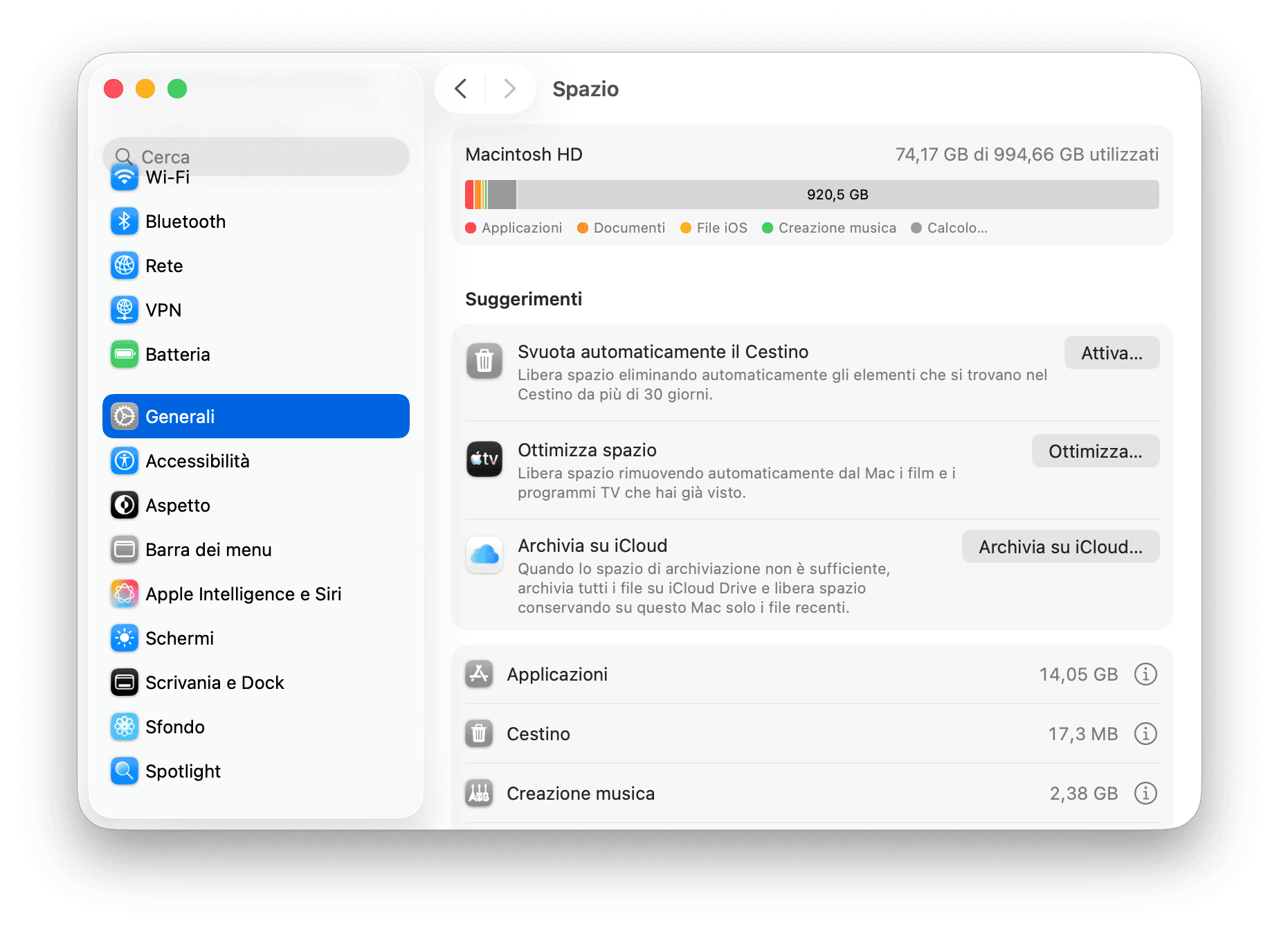 Preferenze di Sistema Spazio