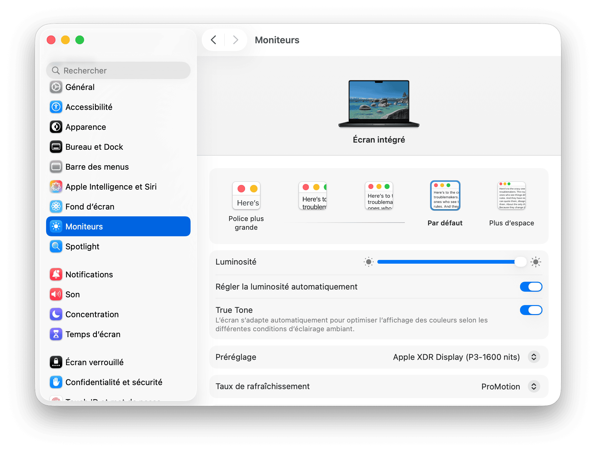 Reglages du systeme Moniteurs