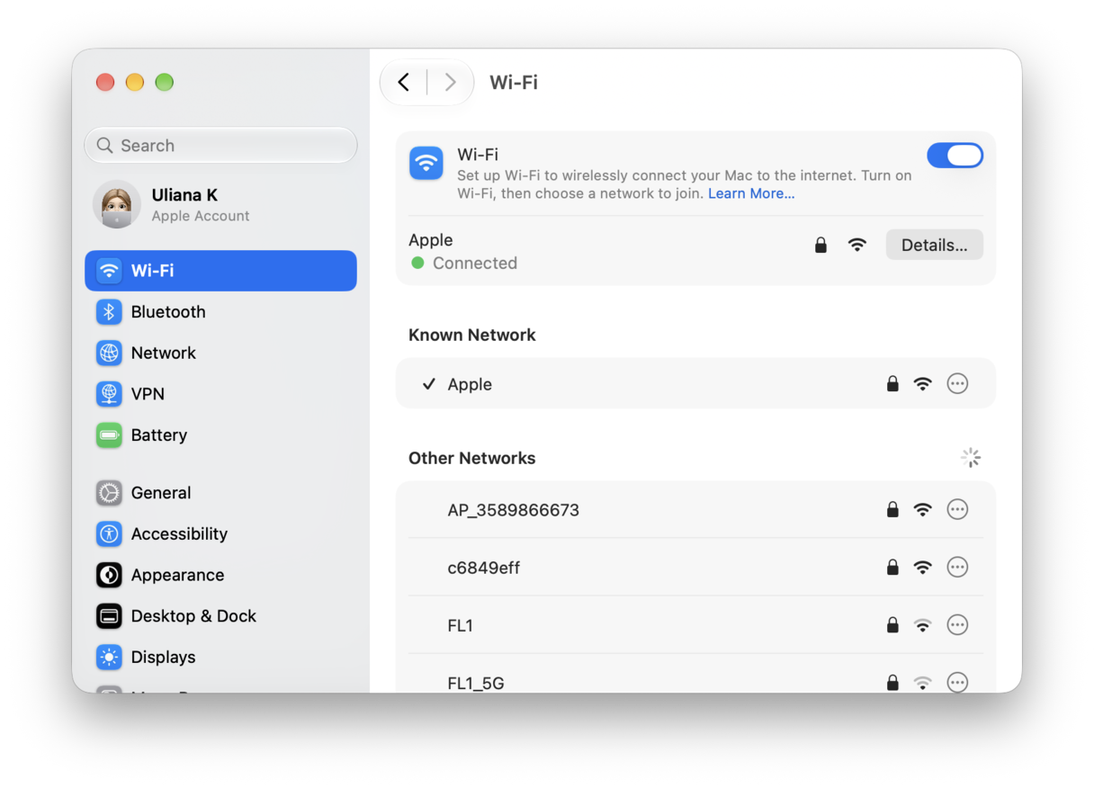 System Preferences - macOS Wi-Fi settings showing active network connection and list of available nearby networks