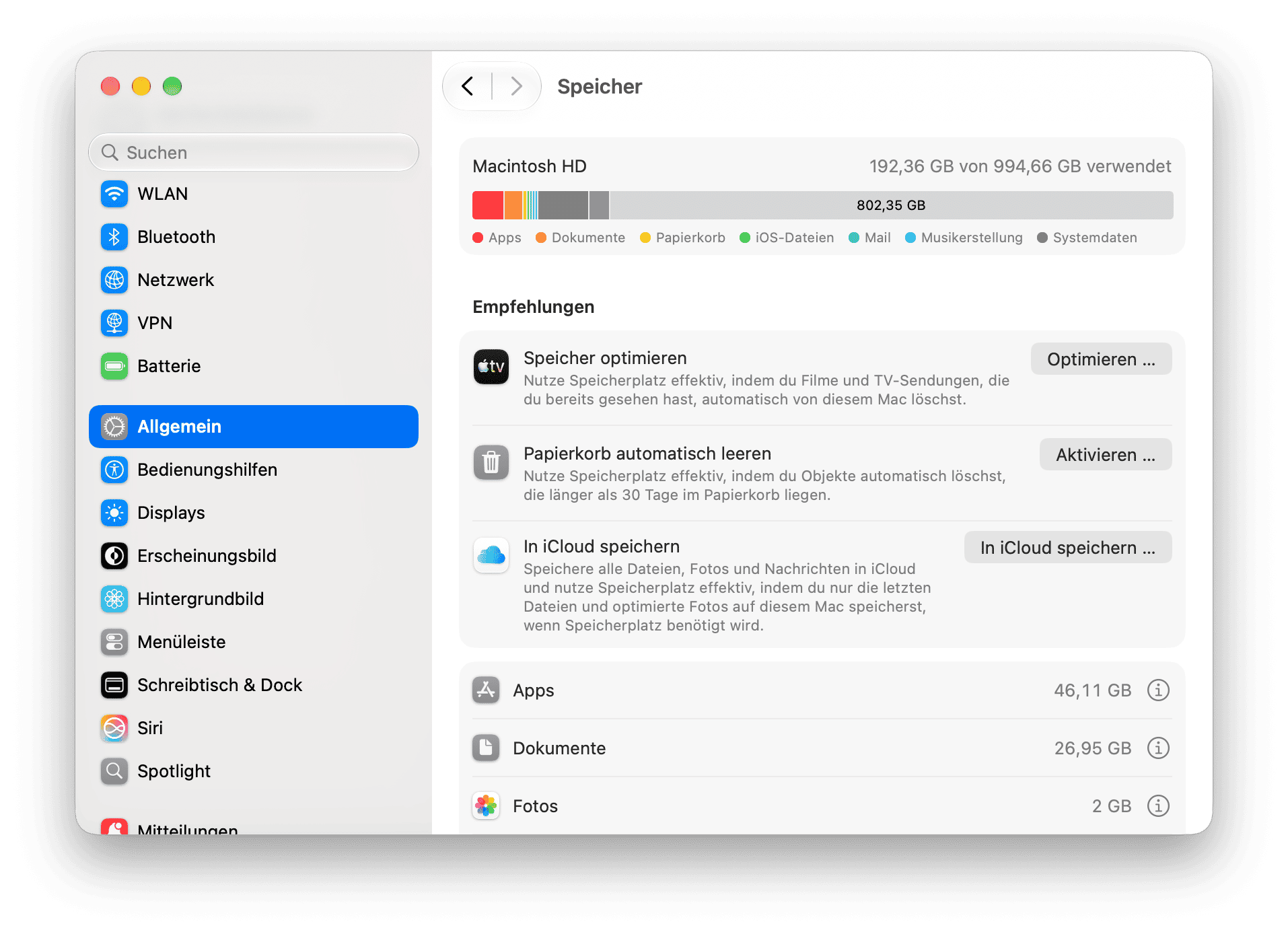 macOS Speichereinstellungen mit Macintosh HD-Nutzungsaufschl&uuml;sselung und Speicheroptimierungsempfehlungen