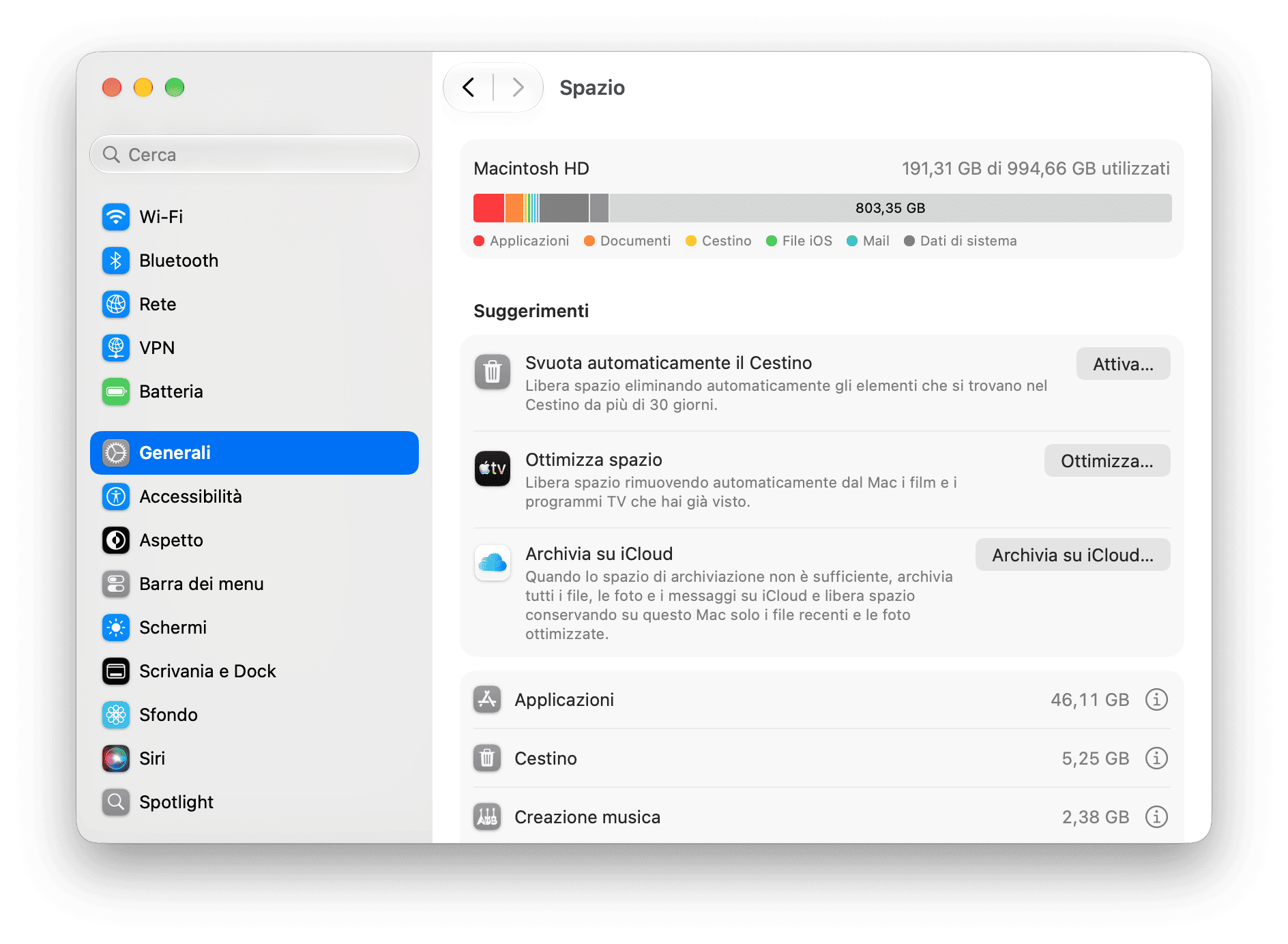 Preferenze di Sistema - Impostazioni archiviazione macOS con suddivisione utilizzo Macintosh HD e suggerimenti di ottimizzazione