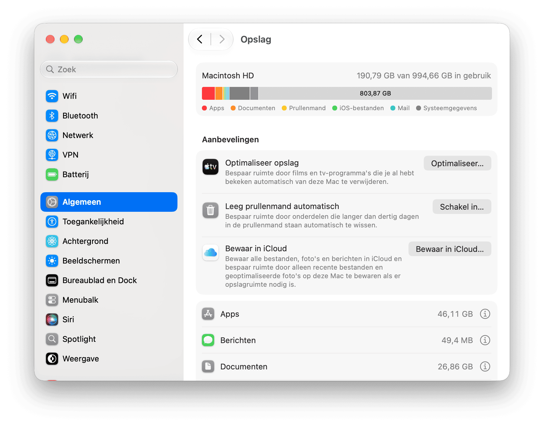 systeem Voorkeuren - macOS opslaginstellingen met uitsplitsing van Macintosh HD-gebruik en opslagoptimalisatieaanbevelingen