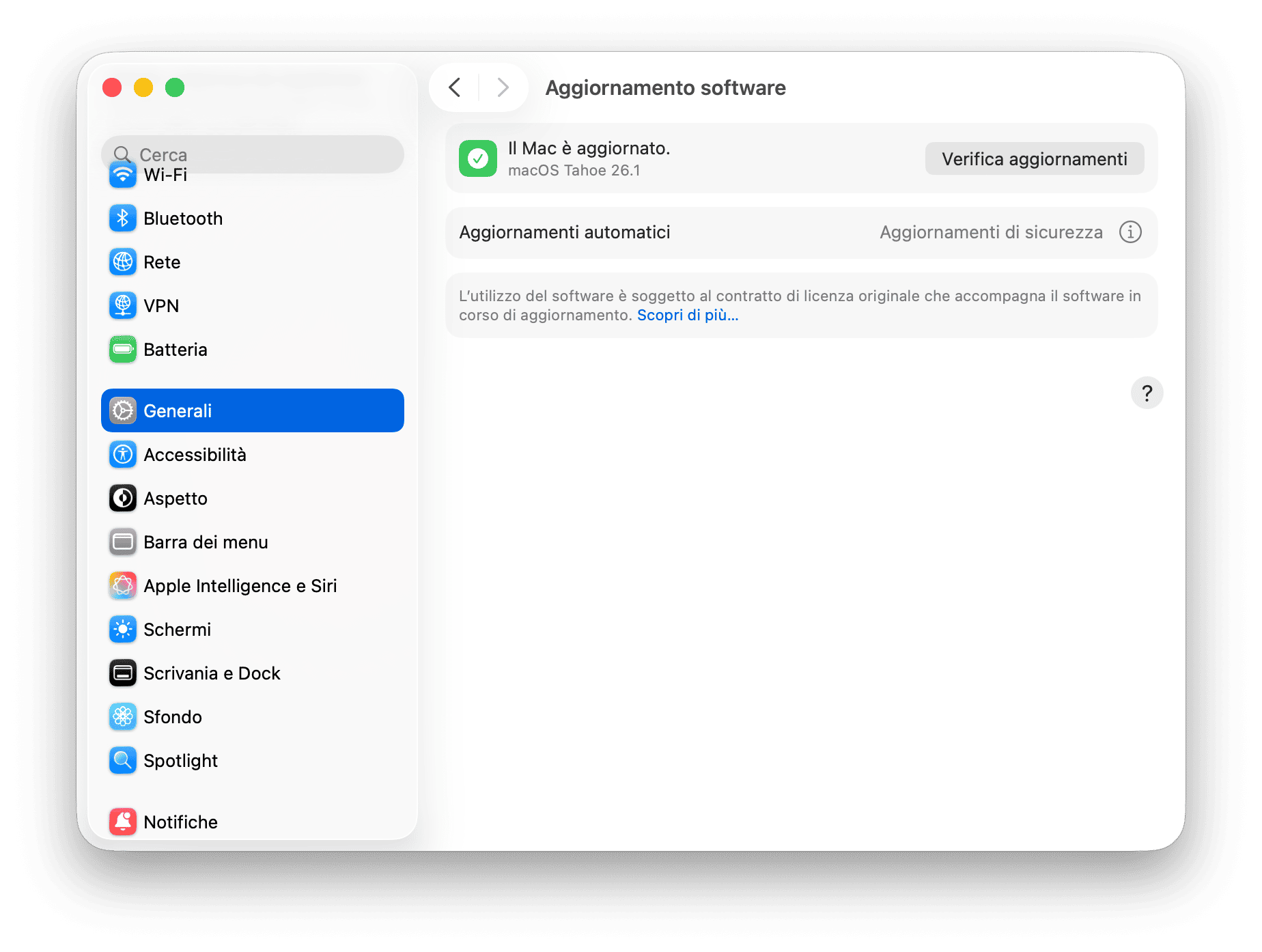 Preferenze di Sistema Aggiornamento Software