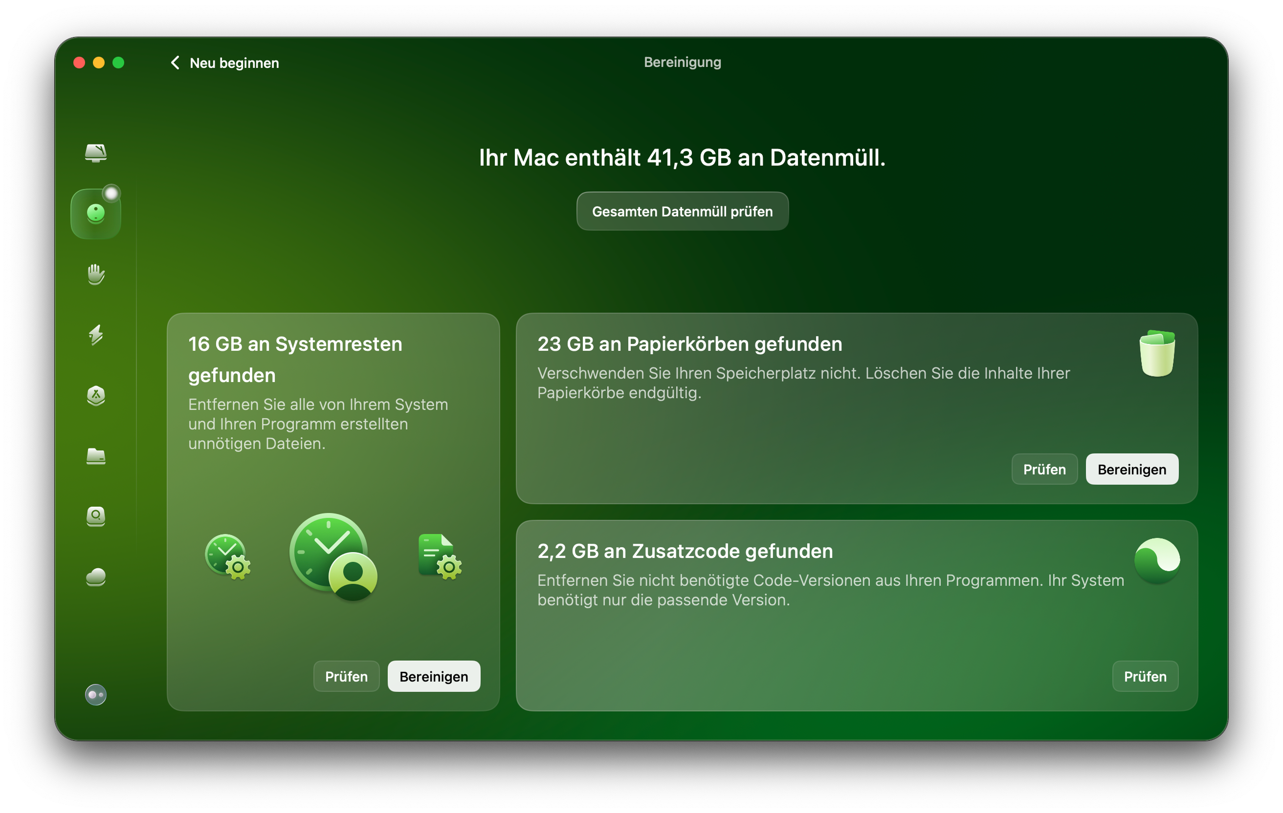 Klicken Sie auf &bdquo;Bereinigung&ldquo; > &bdquo;Scannen&ldquo;