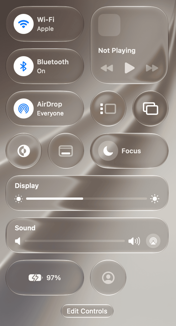 macOS Control Center showing Wi-Fi, Bluetooth, AirDrop, Focus, display brightness and sound controls